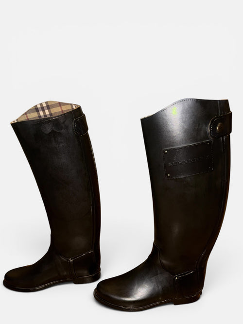 Burberry Vintage Black Equestrian Tall Rain Boots Nova Check