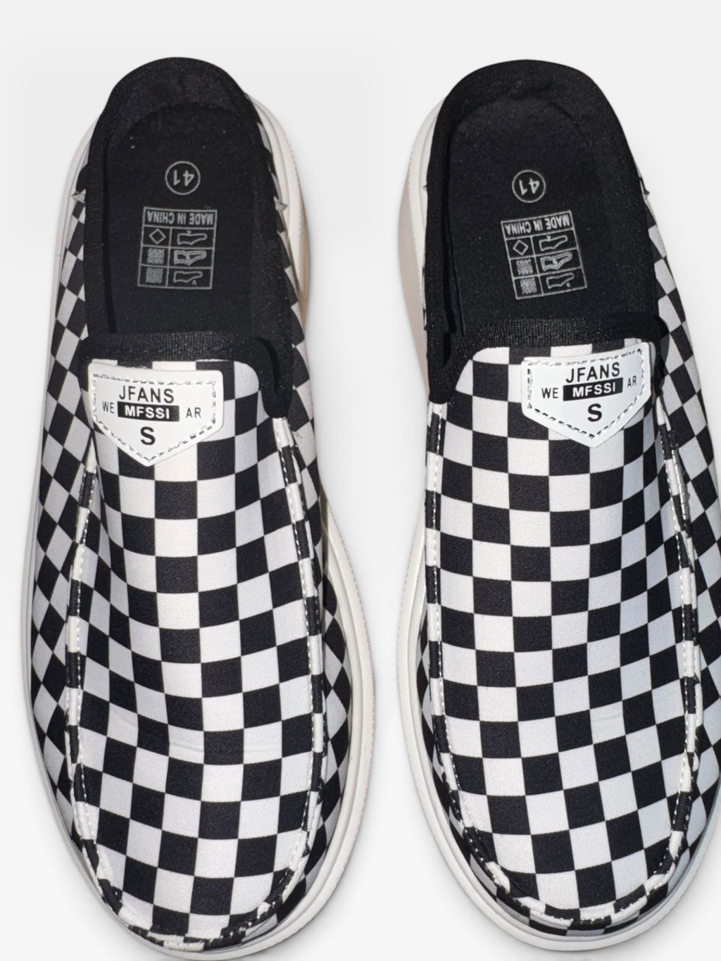 JFANS Black & White Checkered Slip-On Mule Shoes