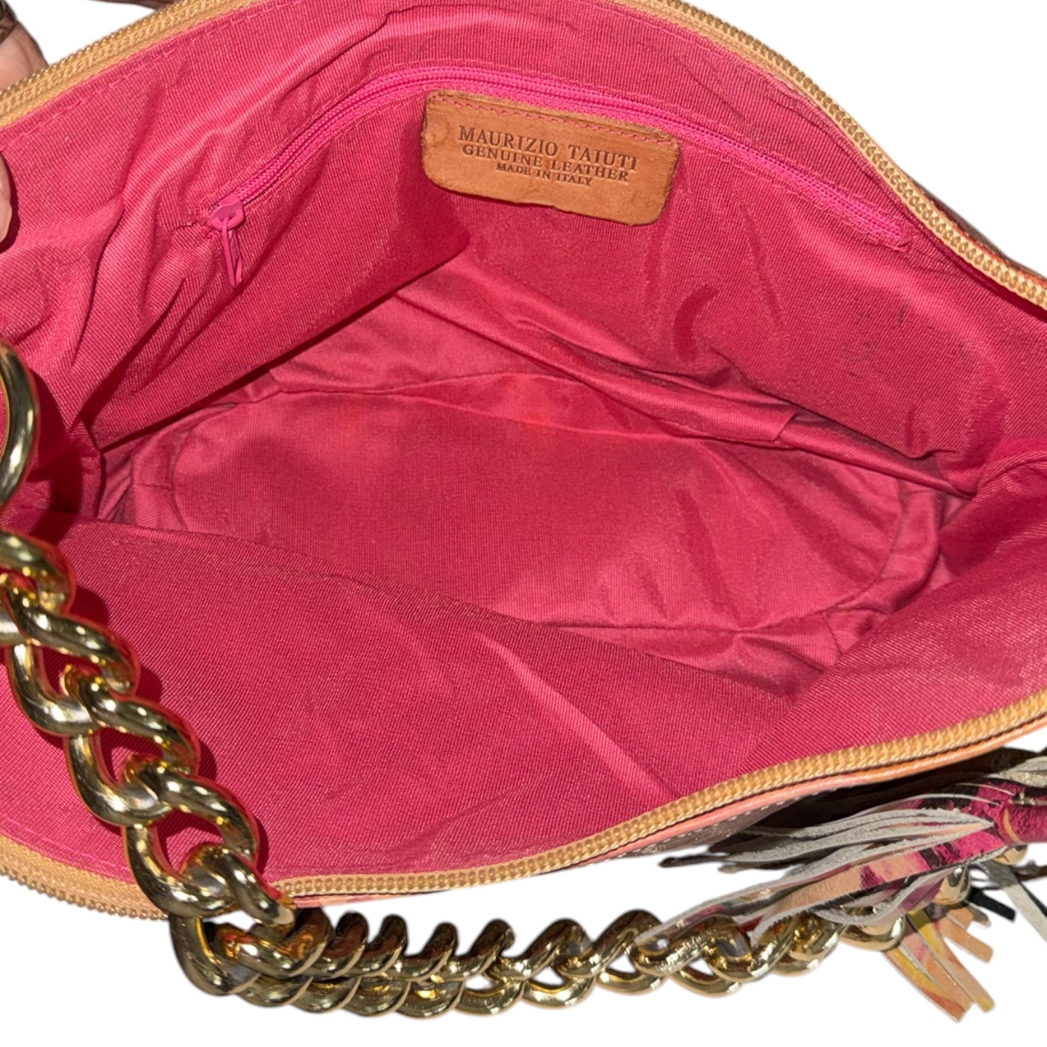 Maurizio Taiuti Italian Leather Floral Shoulder Bag with Gold Chain & Tassel