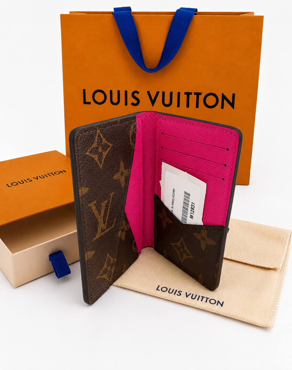 Louis Vuitton Monogram Card Holder Wallet – Hot Pink Leather Accent with Dust Bag & Box