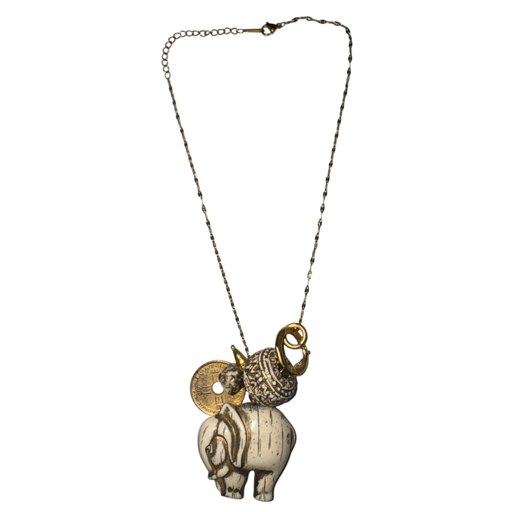 Vintage Thai Coin & Elephant Charm Cluster Necklace