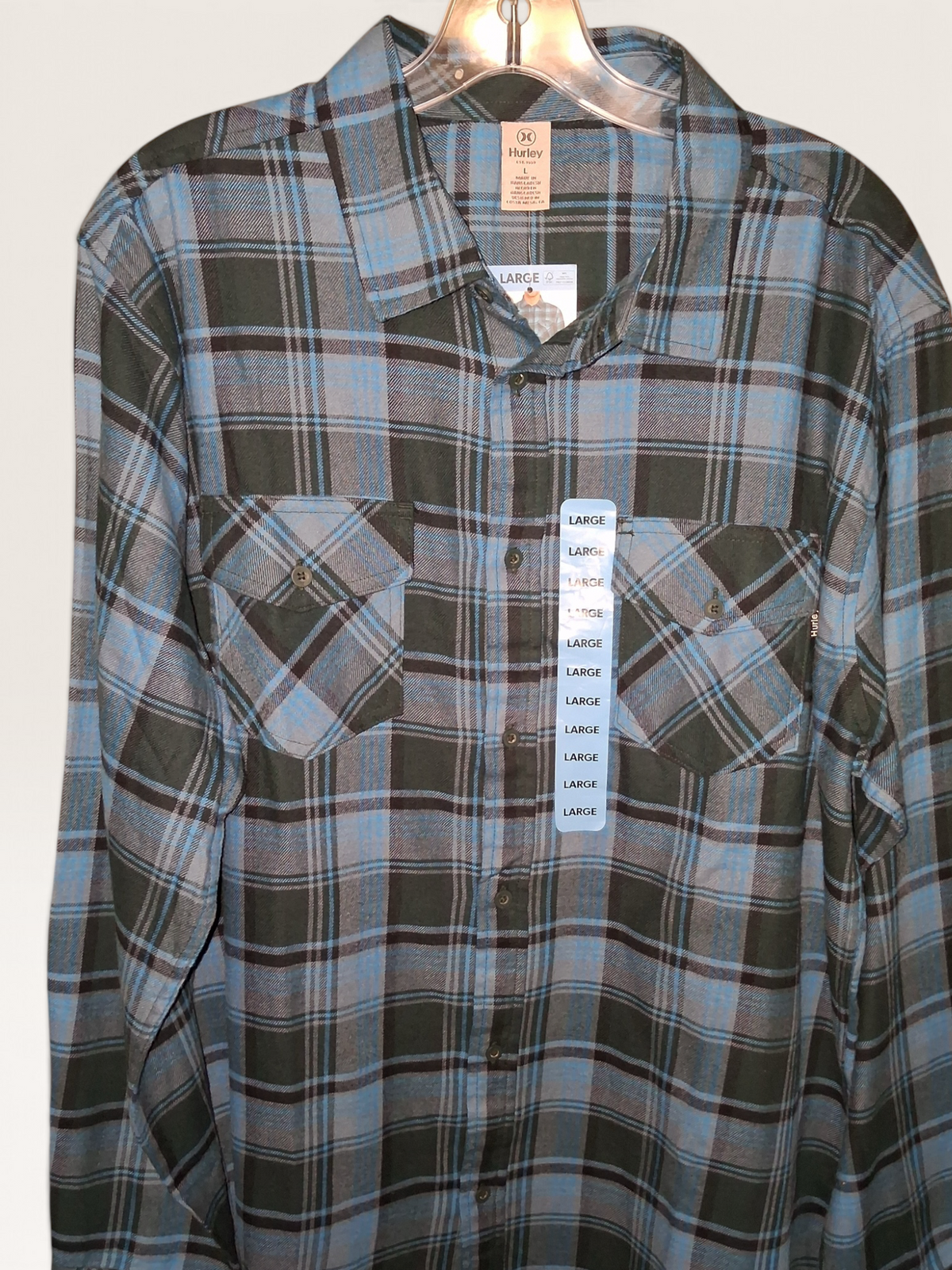 Hurley Blue & Black Plaid Long Sleeve Flannel Shirt