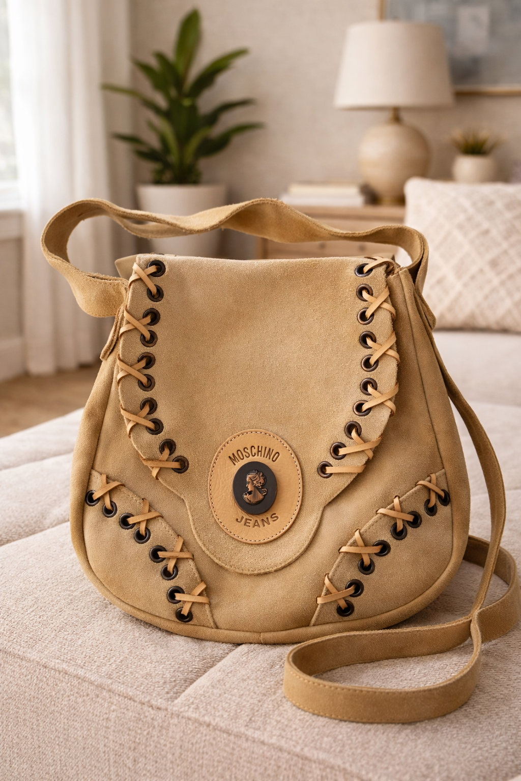 Moschino Jeans Suede Crossbody Bag – Tan Lace Detail Designer