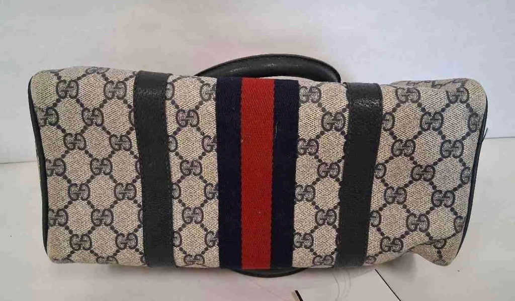 True Vintage 1970s Gucci GG Supreme Navy Blue Web Boston Bag Satchel w/ COA