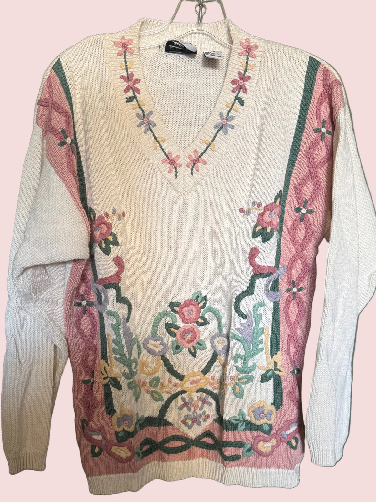 Russ Studio Cream & Pink Floral V-Neck Sweater