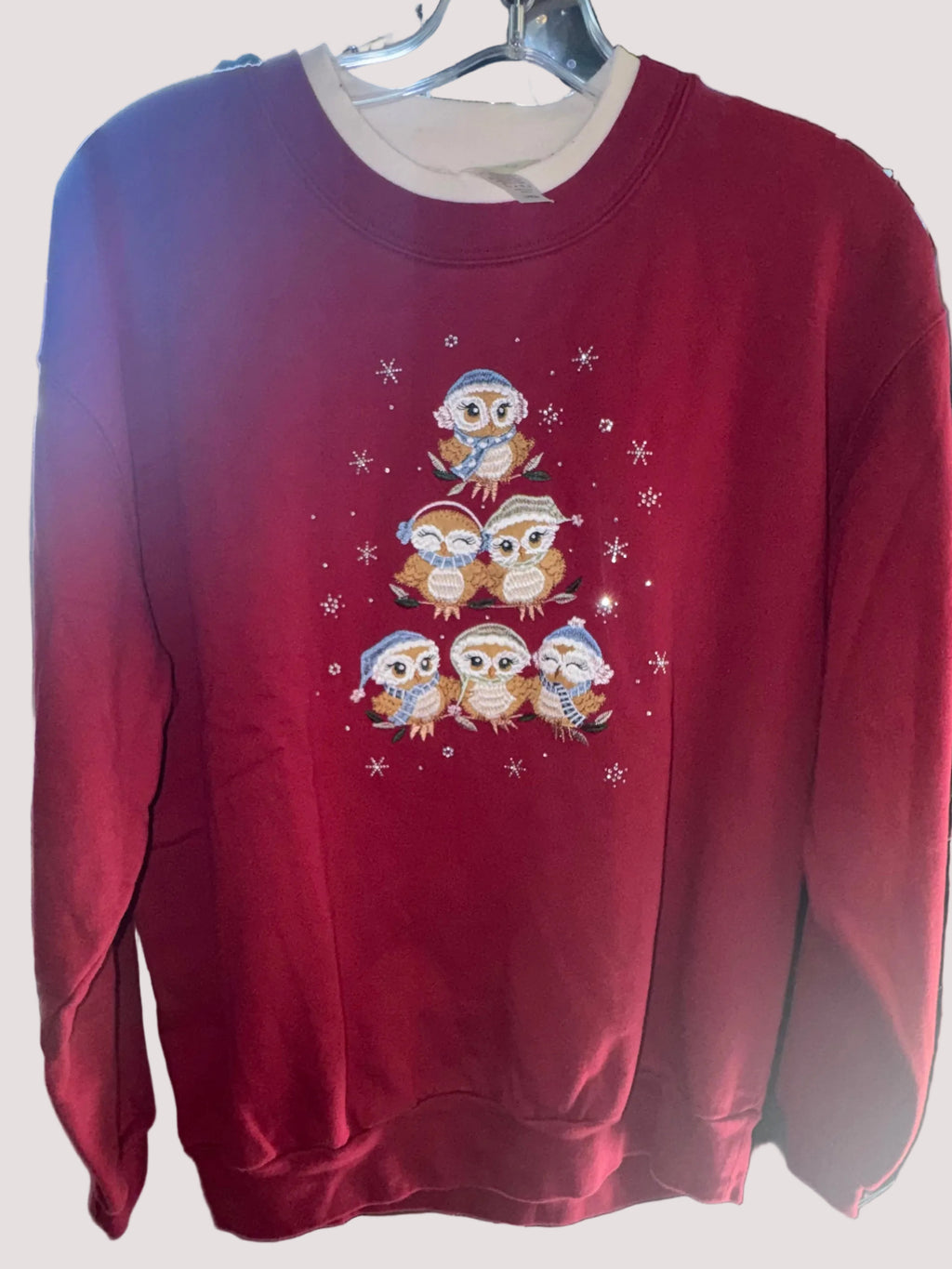 Morning Sun Red Embroidered Christmas Owl Sweatshirt
