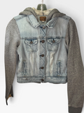 American Eagle Light-Wash Denim Jacket with Gray Hood & Knit Sleeves