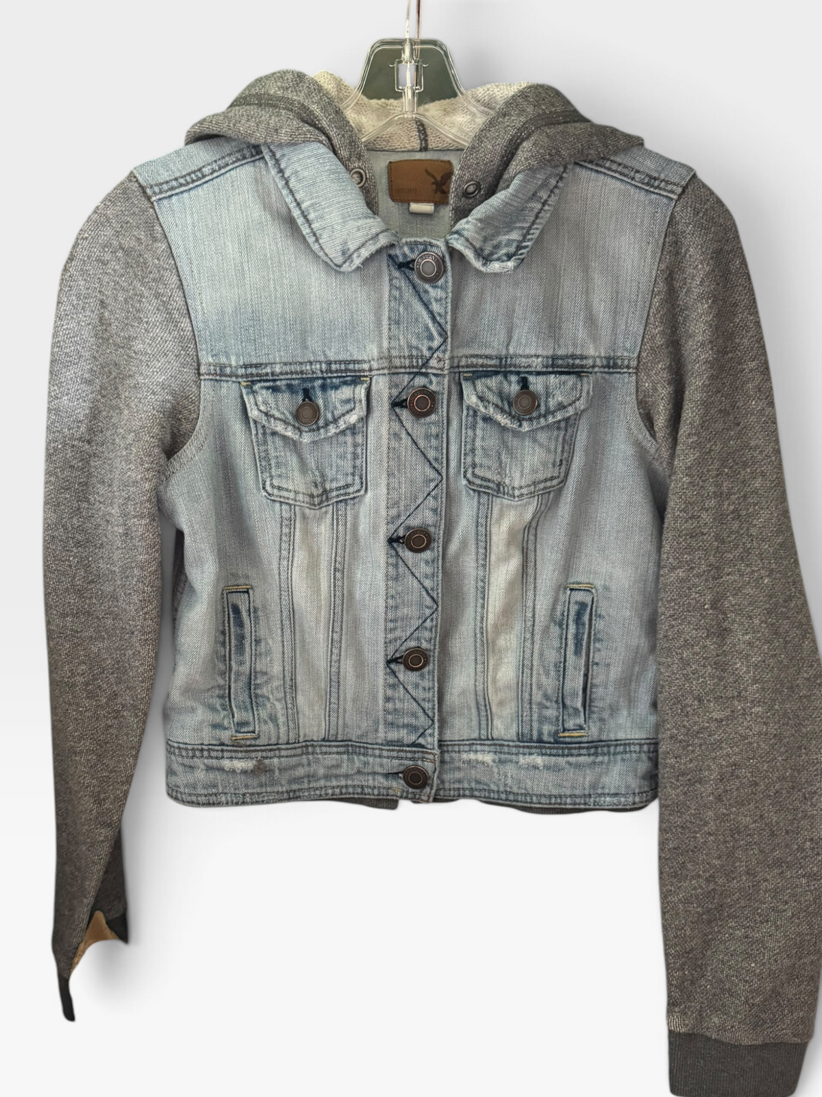 American Eagle Light-Wash Denim Jacket with Gray Hood & Knit Sleeves