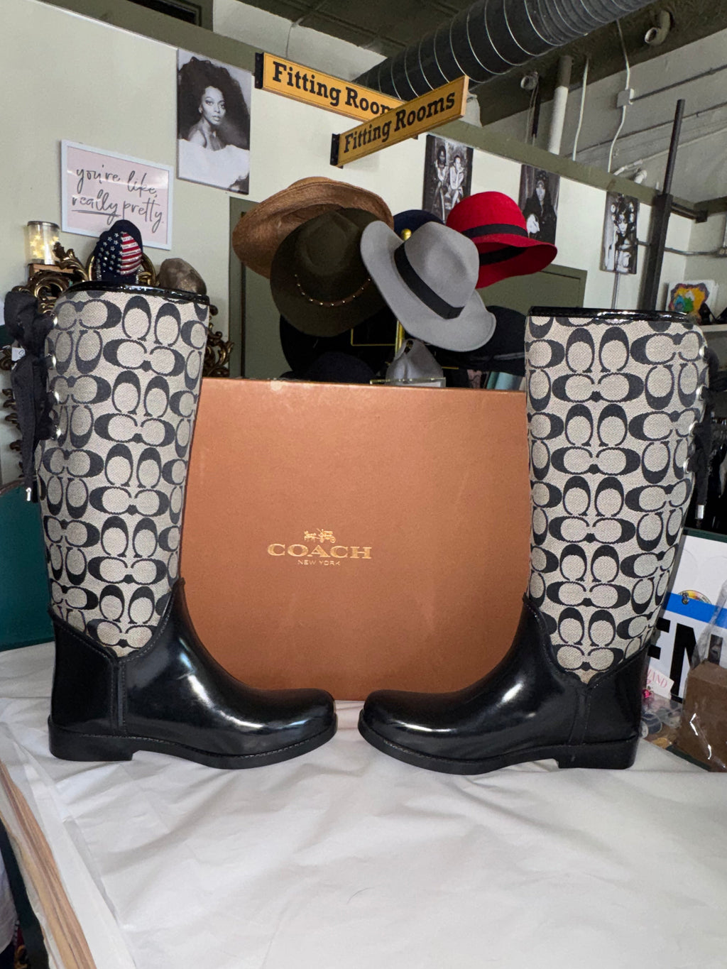 Coach Signature C Black Lace-Up Tall Rain Boots