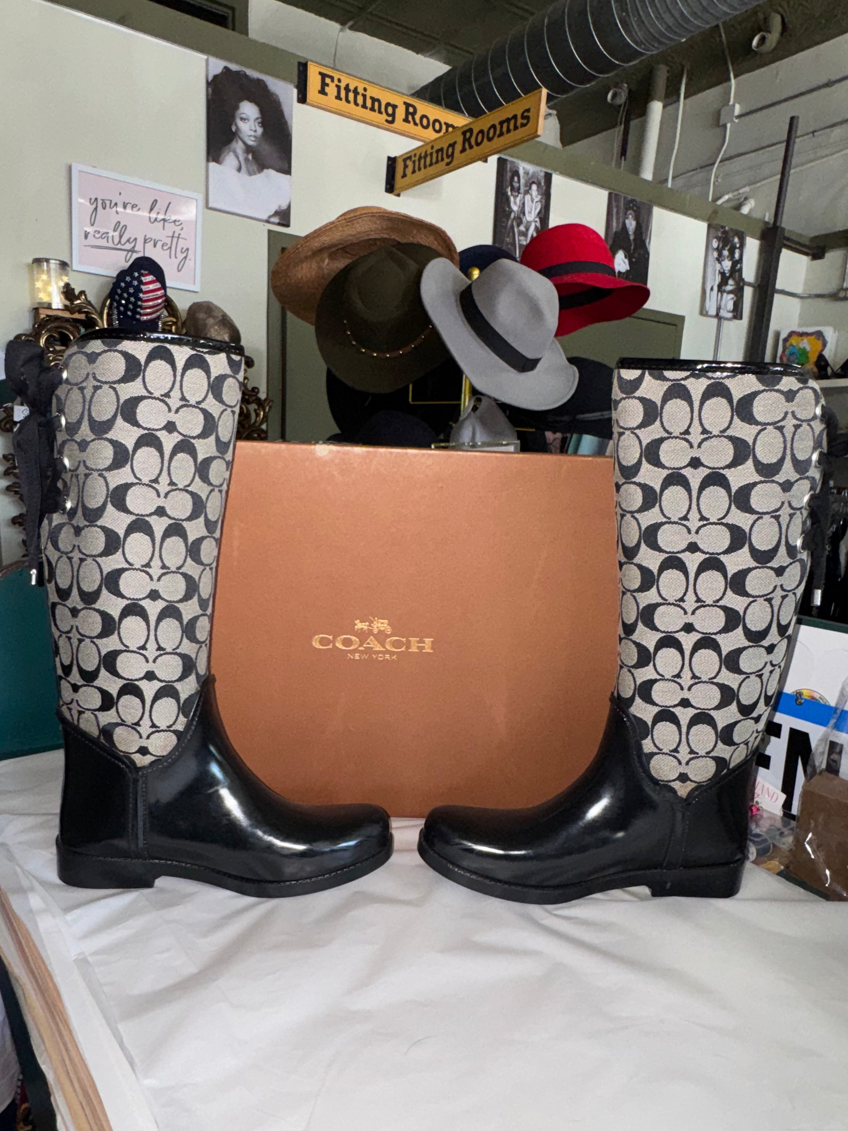 Coach Signature C Black Lace-Up Tall Rain Boots