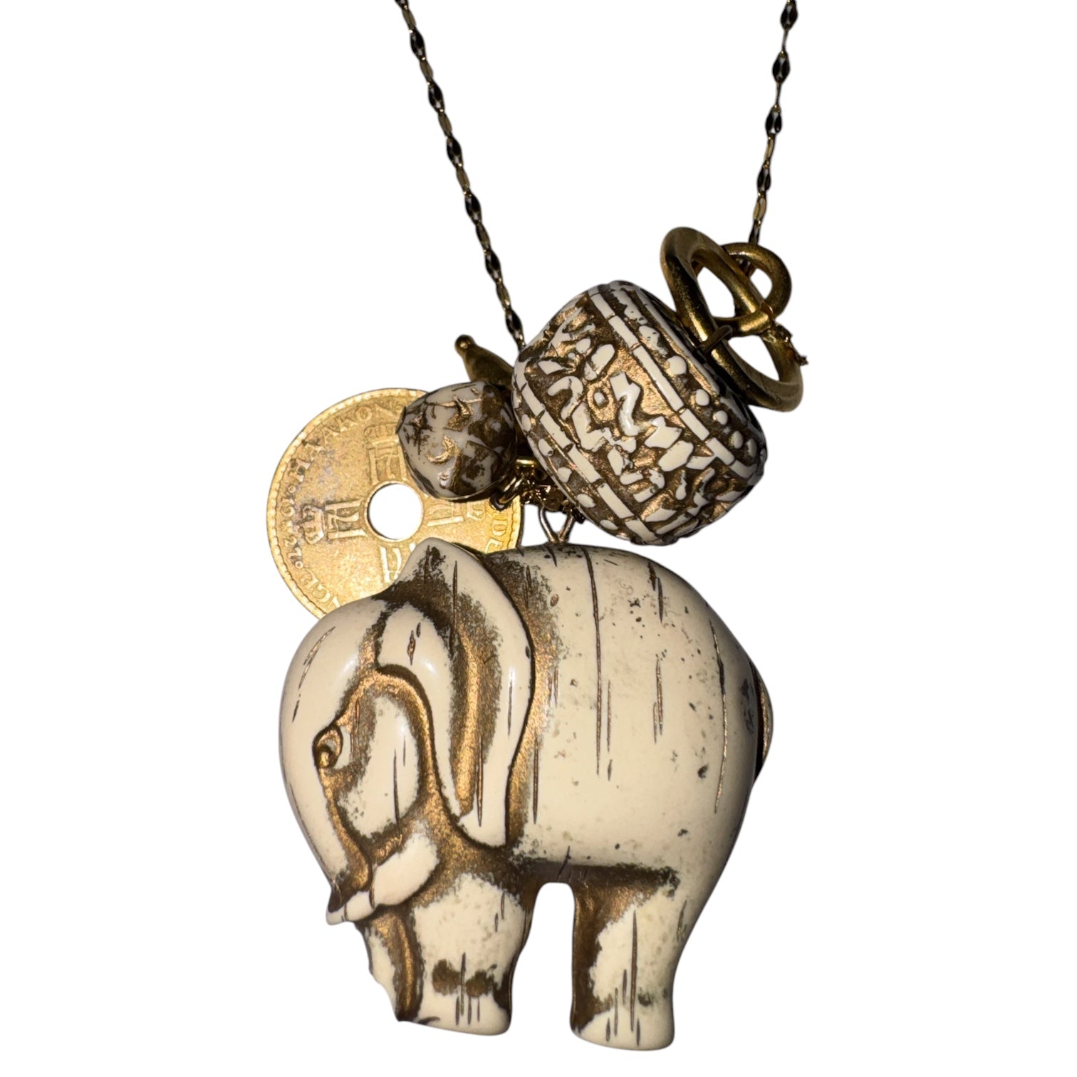 Vintage Thai Coin & Elephant Charm Cluster Necklace
