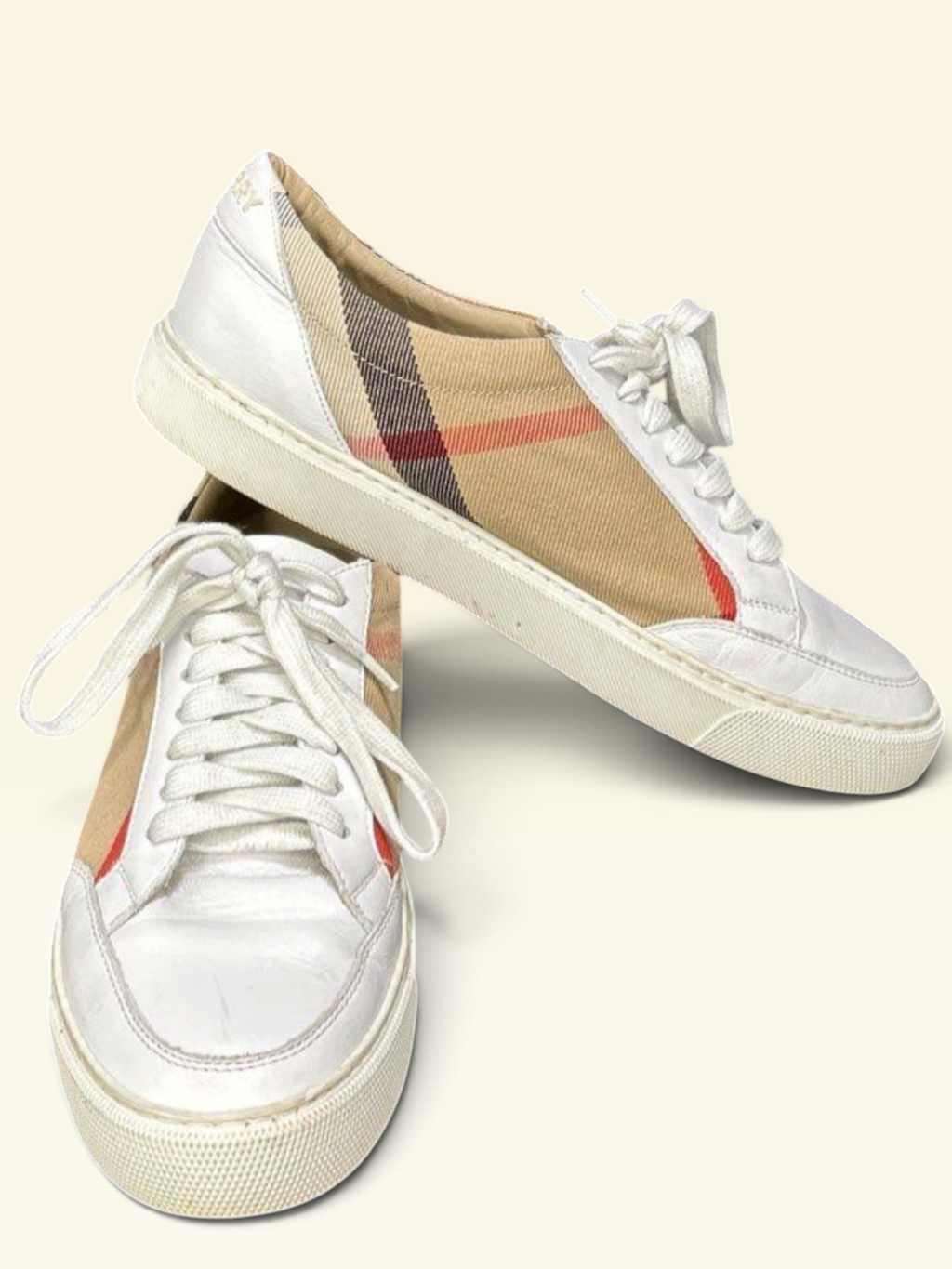 Burberry Vintage Check Low Top Sneakers Leather Canvas White Tan