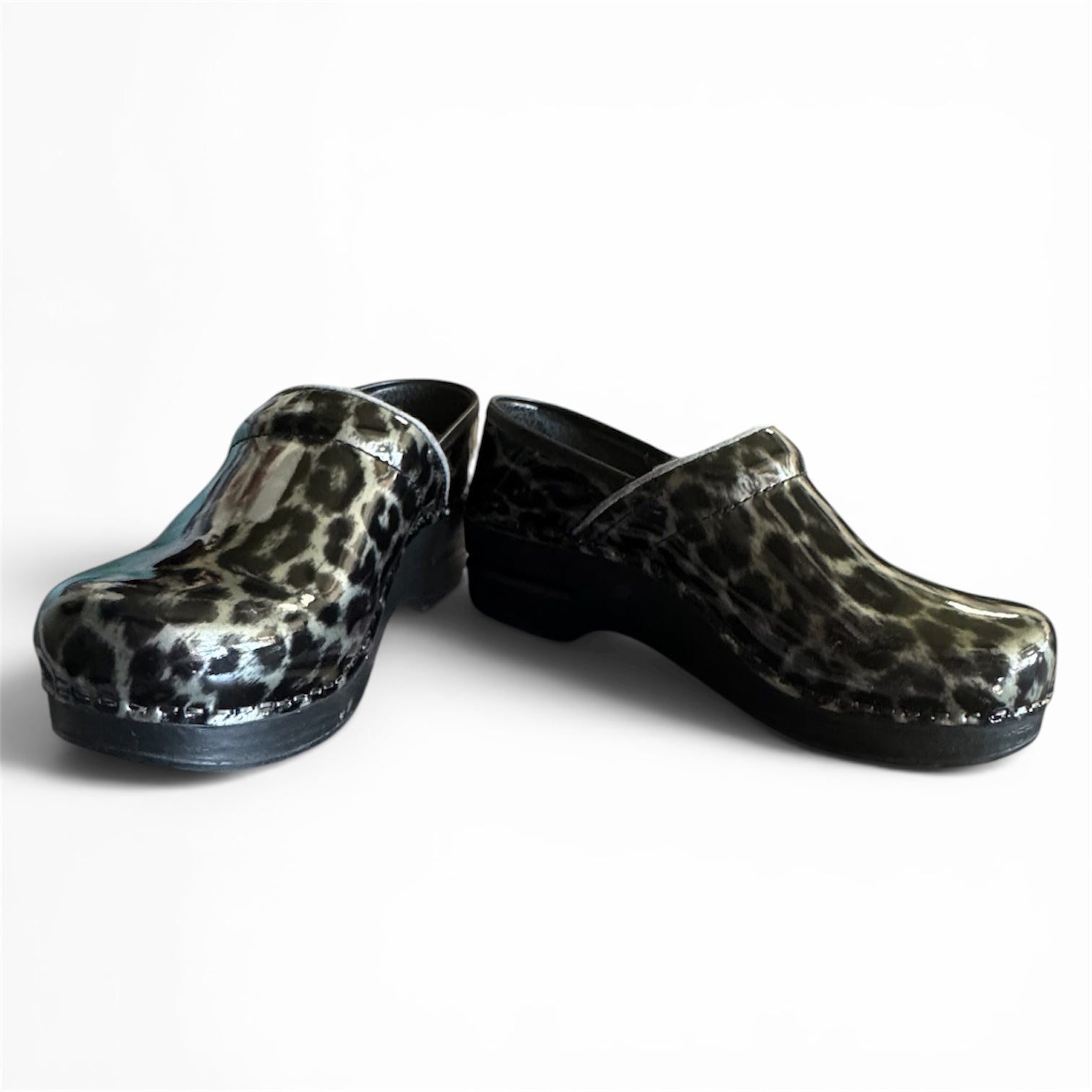 Dansko Professional Leopard Print Patent Leather Clogs
