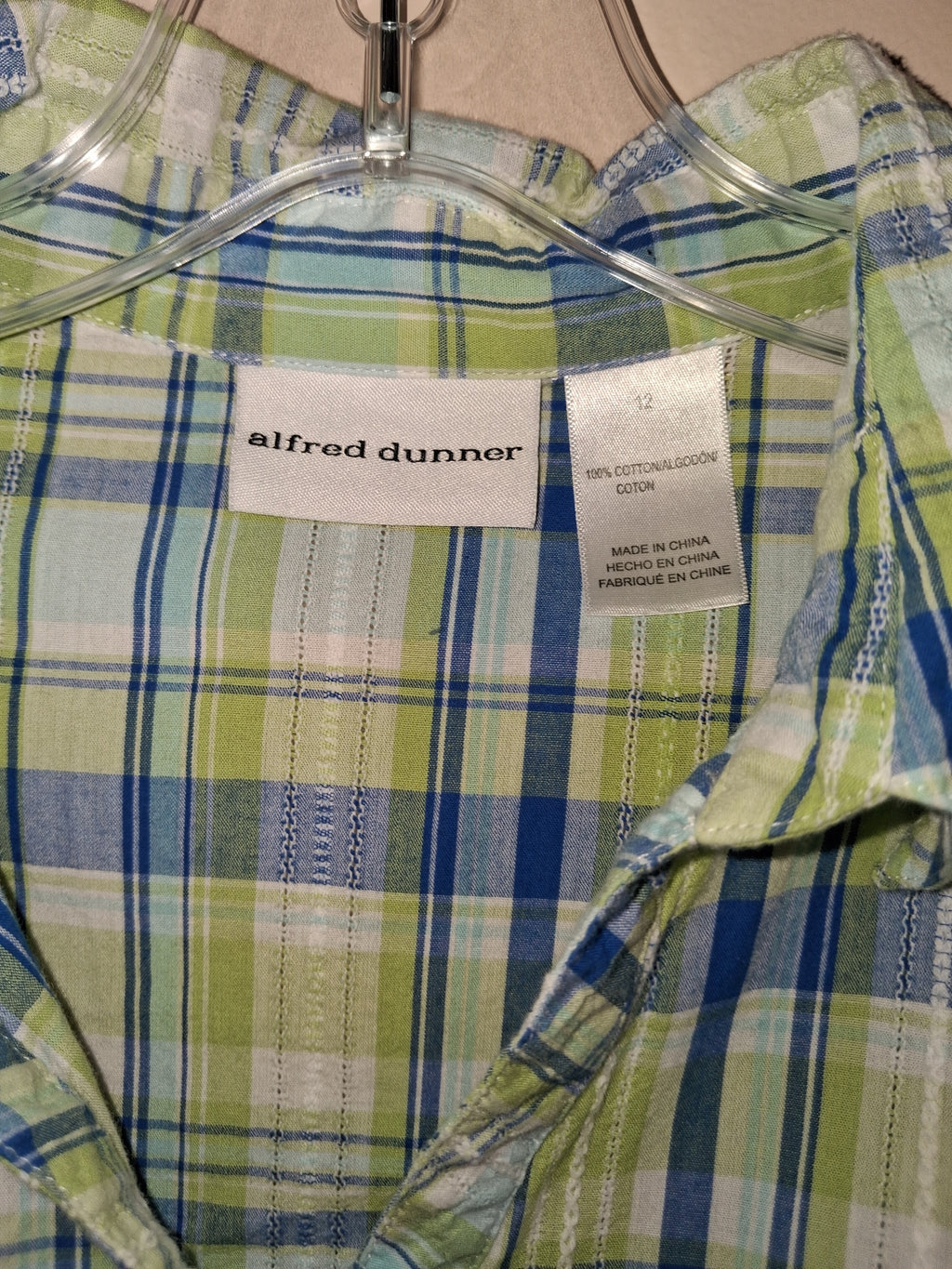 Alfred Dunner Blue & Lime Plaid Cotton Blouse