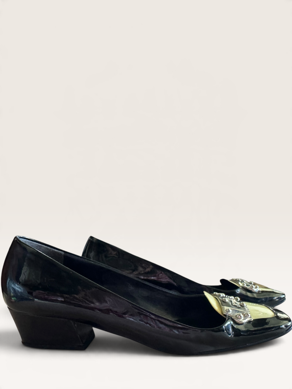 Vintage Prada Patent Leather Square-Toe Logo Pumps