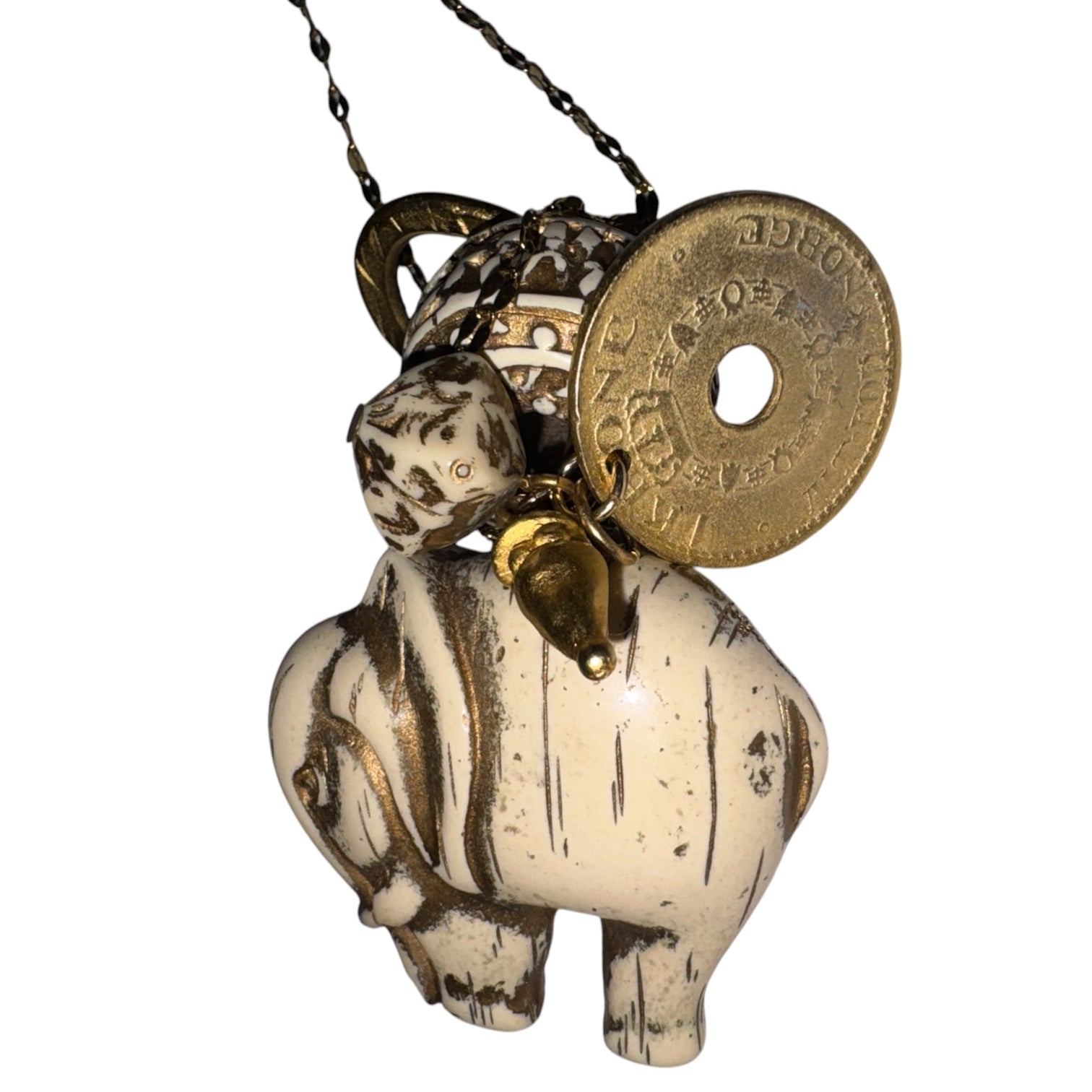 Vintage Thai Coin & Elephant Charm Cluster Necklace