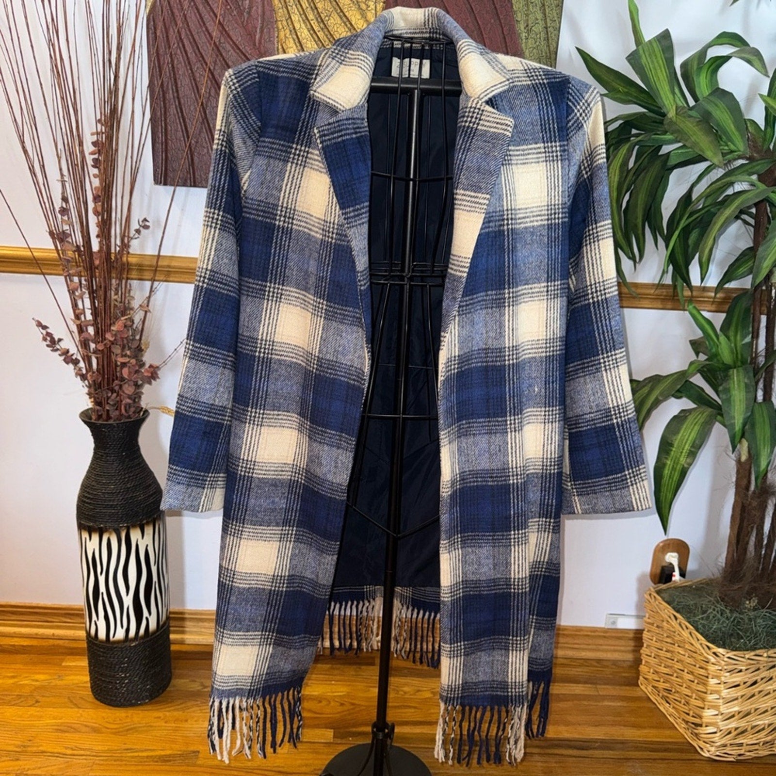 Z Supply Blue & Cream Plaid Fringe Coatigan