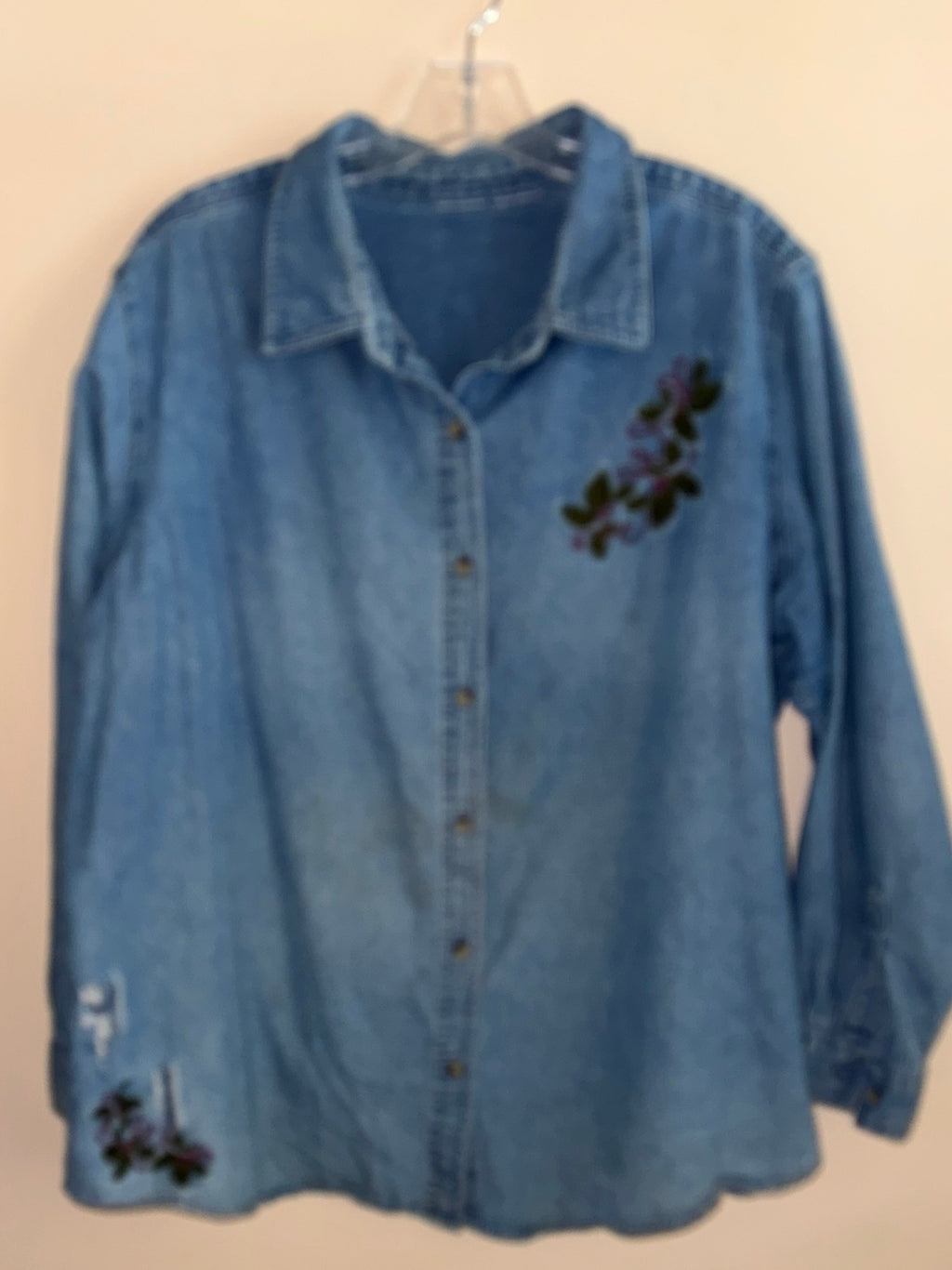 Vintage Floral Holly Embroidered Distressed Denim Shirt