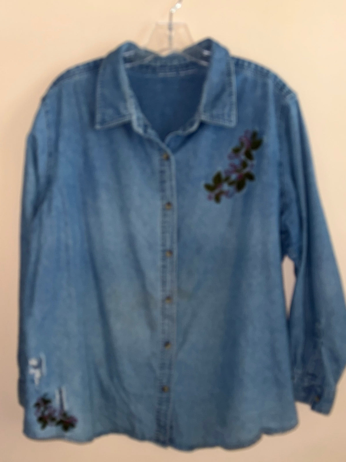 Vintage Floral Holly Embroidered Distressed Denim Shirt