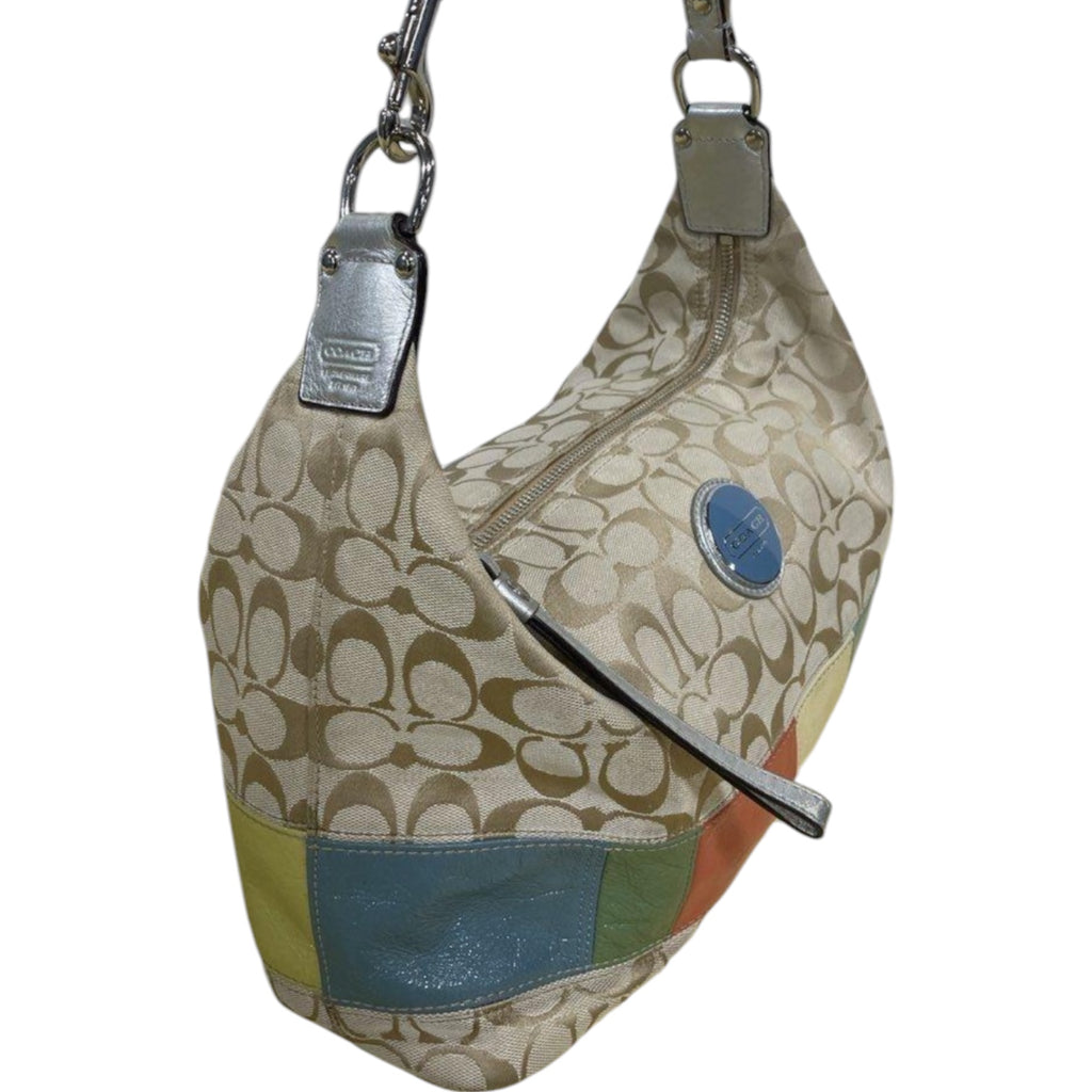Authentic Coach Signature Patchwork Stripe Hobo Shoulder Bag F11576 Khaki Multi