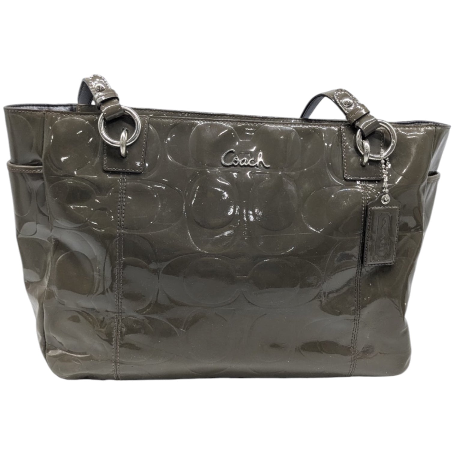 Authentic Coach Olive Green Signature Embossed Patent Leather East/West Tote Bag