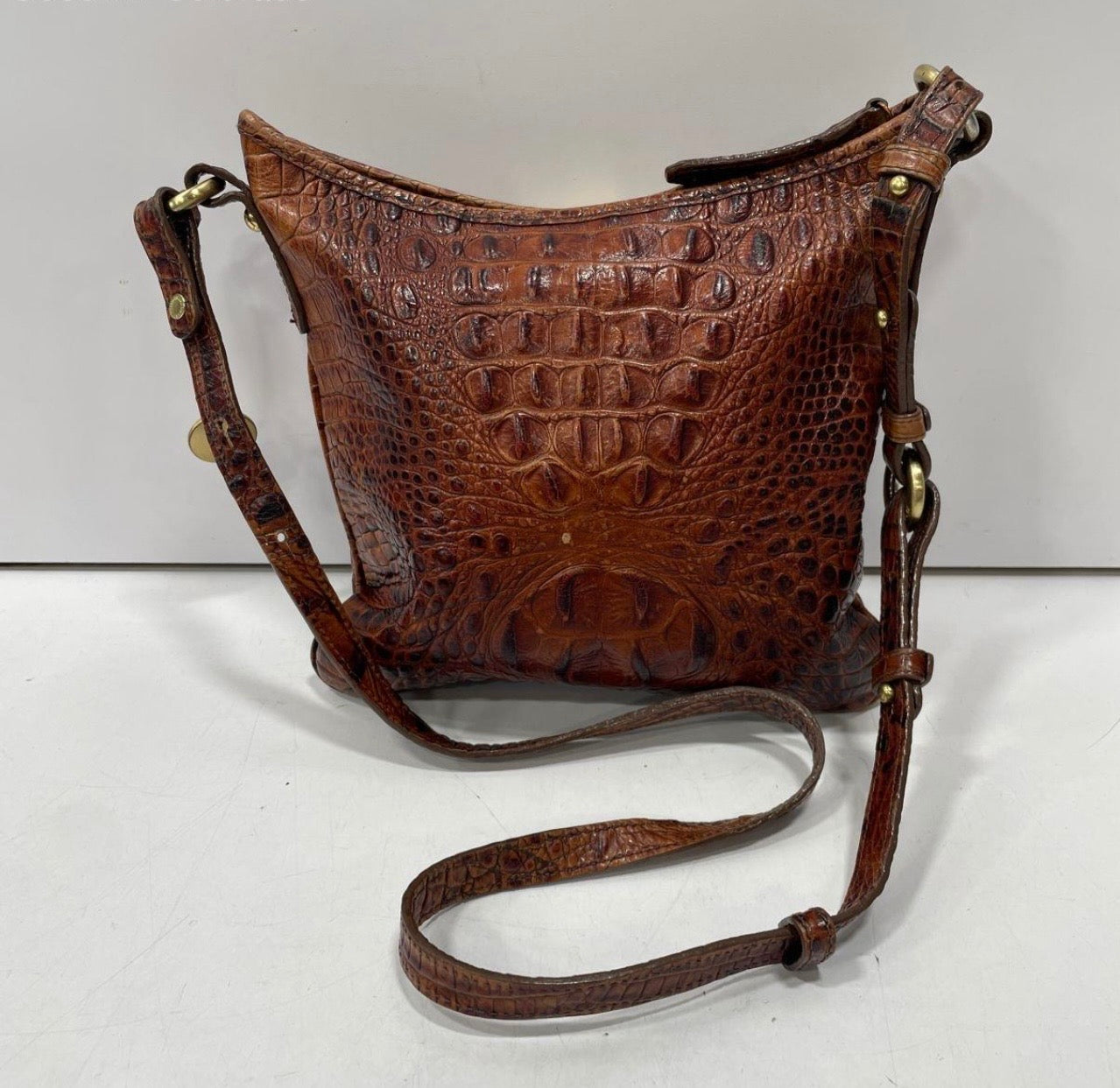 Brahmin Pecan Brown Croc-Embossed Leather Crossbody Shoulder Bag