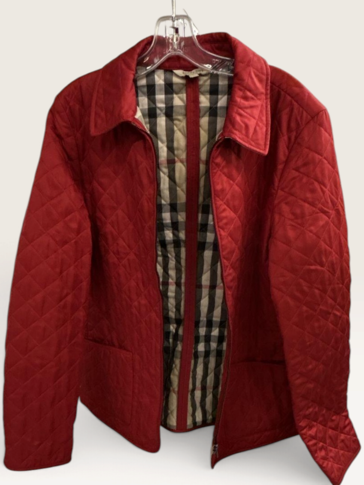 Authentic Burberry London Red Diamond-Quilted Check-Lined Jacket