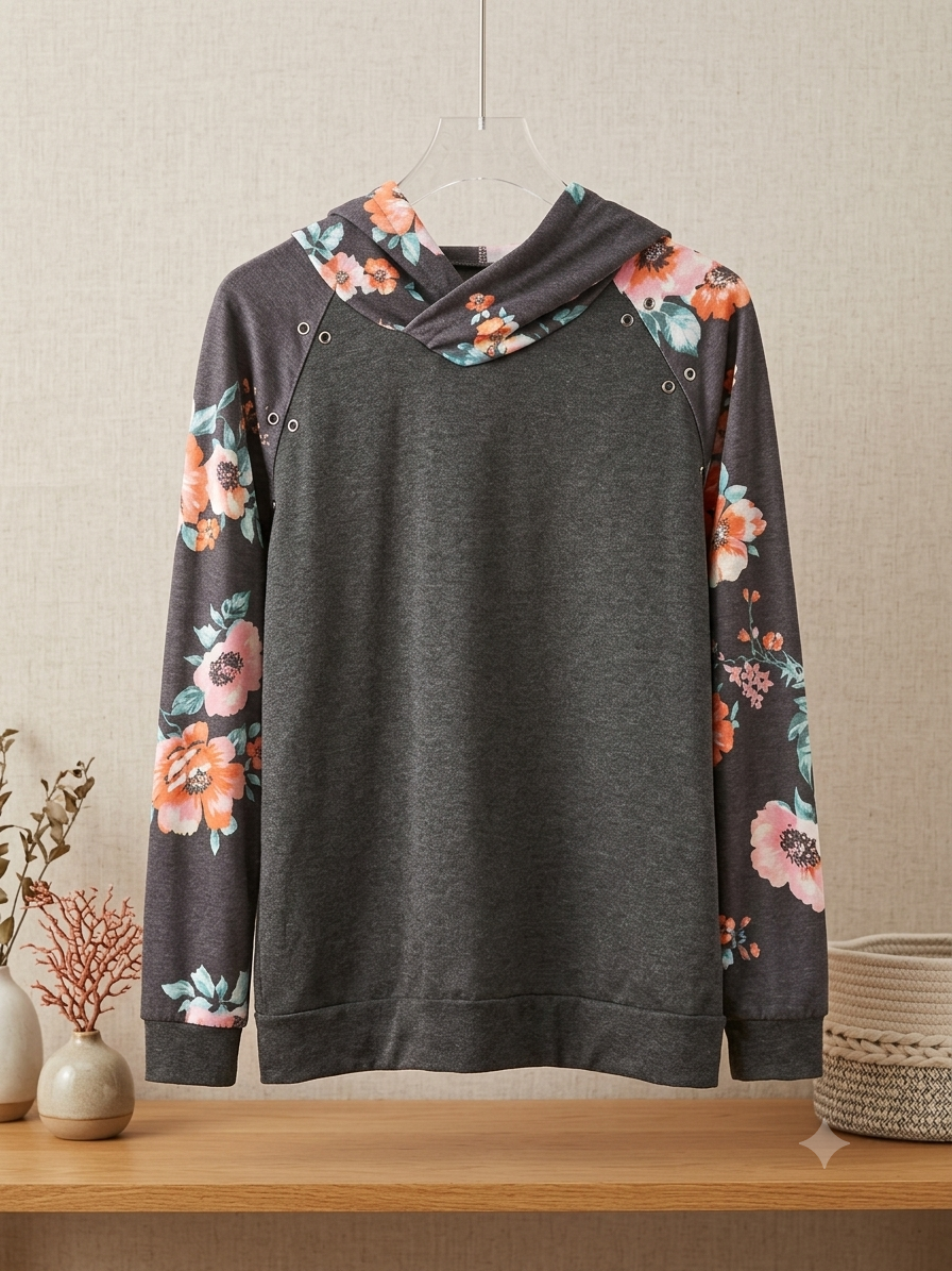 Floral Raglan Hoodie Gray Peach Orange Colorblock Sweatshirt Snap Accent
