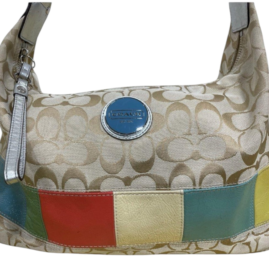 Authentic Coach Signature Patchwork Stripe Hobo Shoulder Bag F11576 Khaki Multi