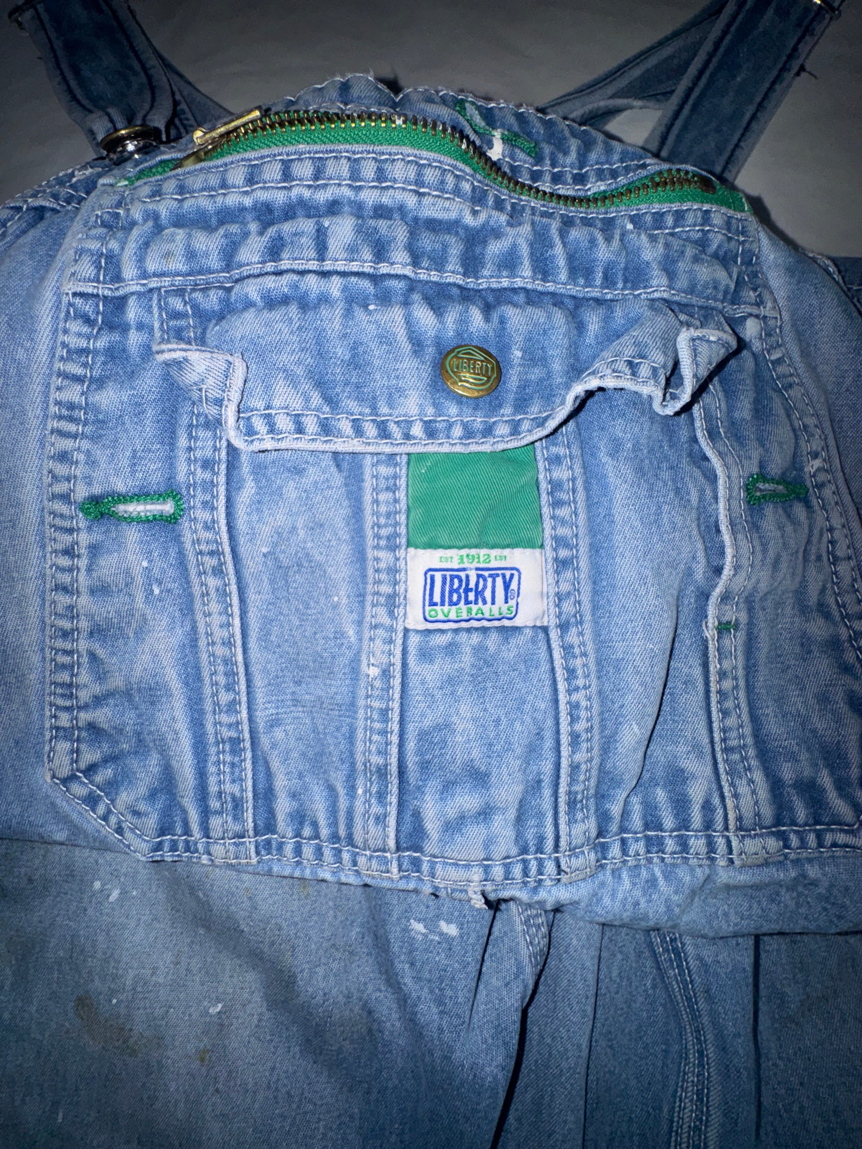 Vintage Liberty Distressed Denim Overalls - Patented Green Zipper Fly