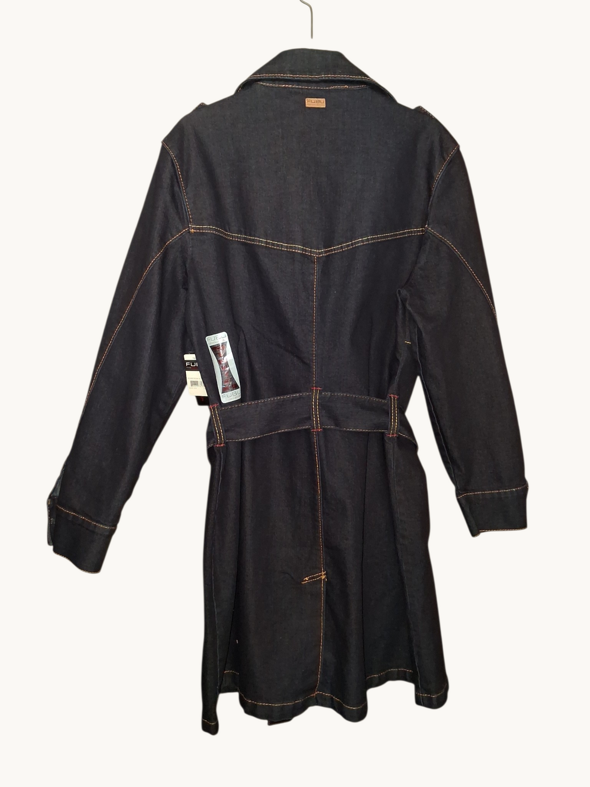 FUBU The Collection Dark Denim Belted Trench Coat