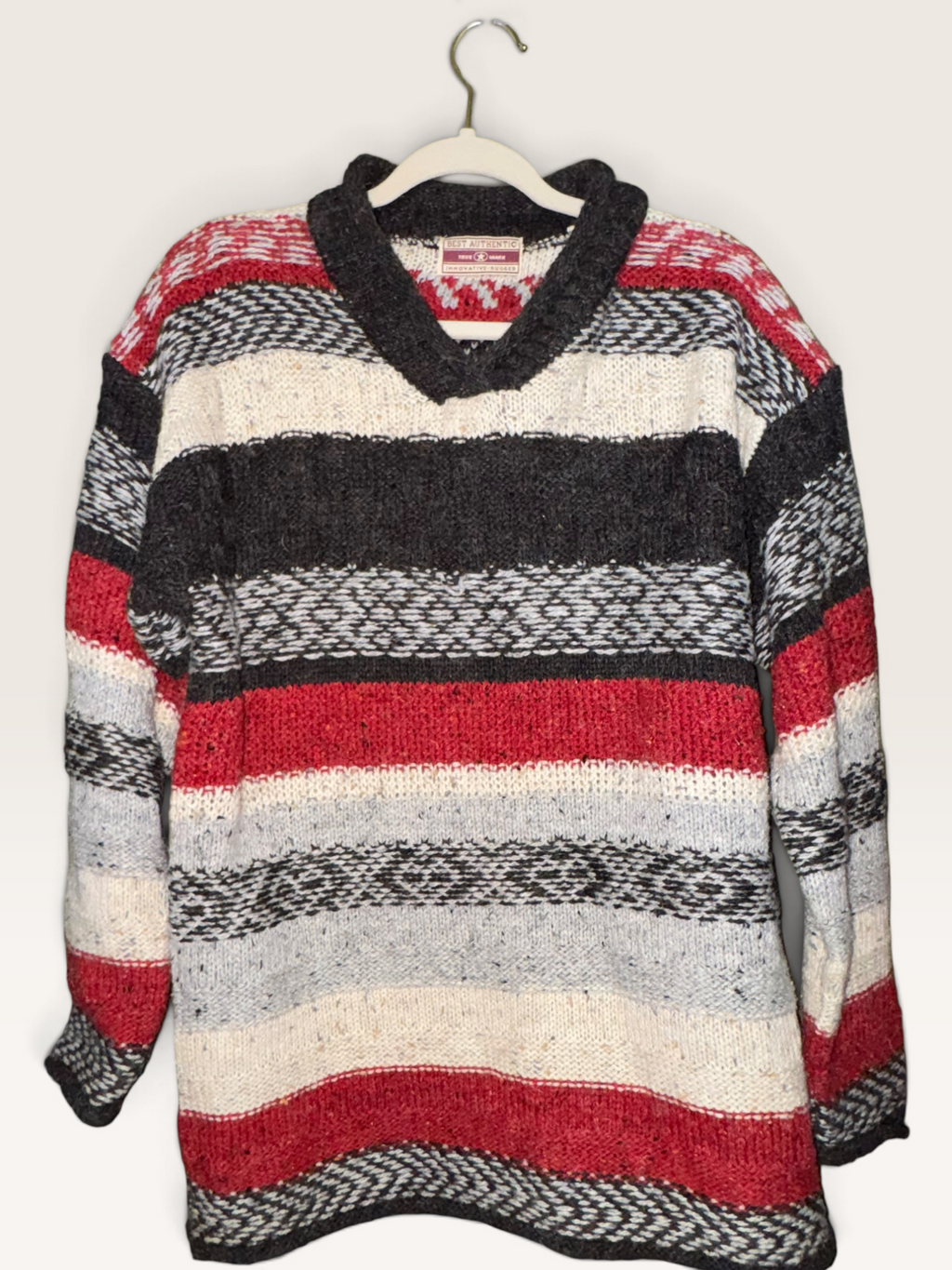 Best Authentic Red, Black & Cream Striped Shawl-Collar Sweater