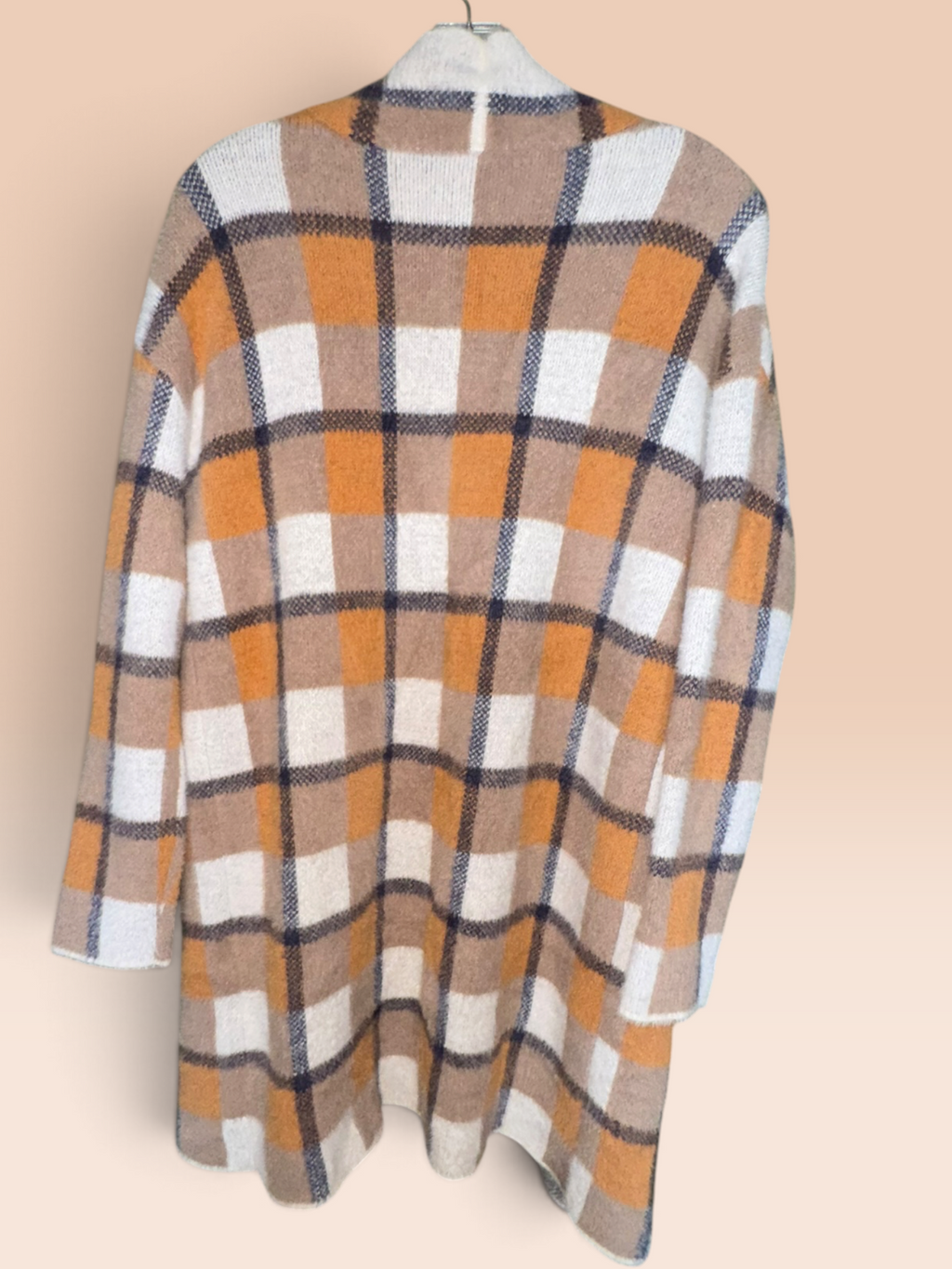 THML Orange & Gray Plaid Longline Cardigan
