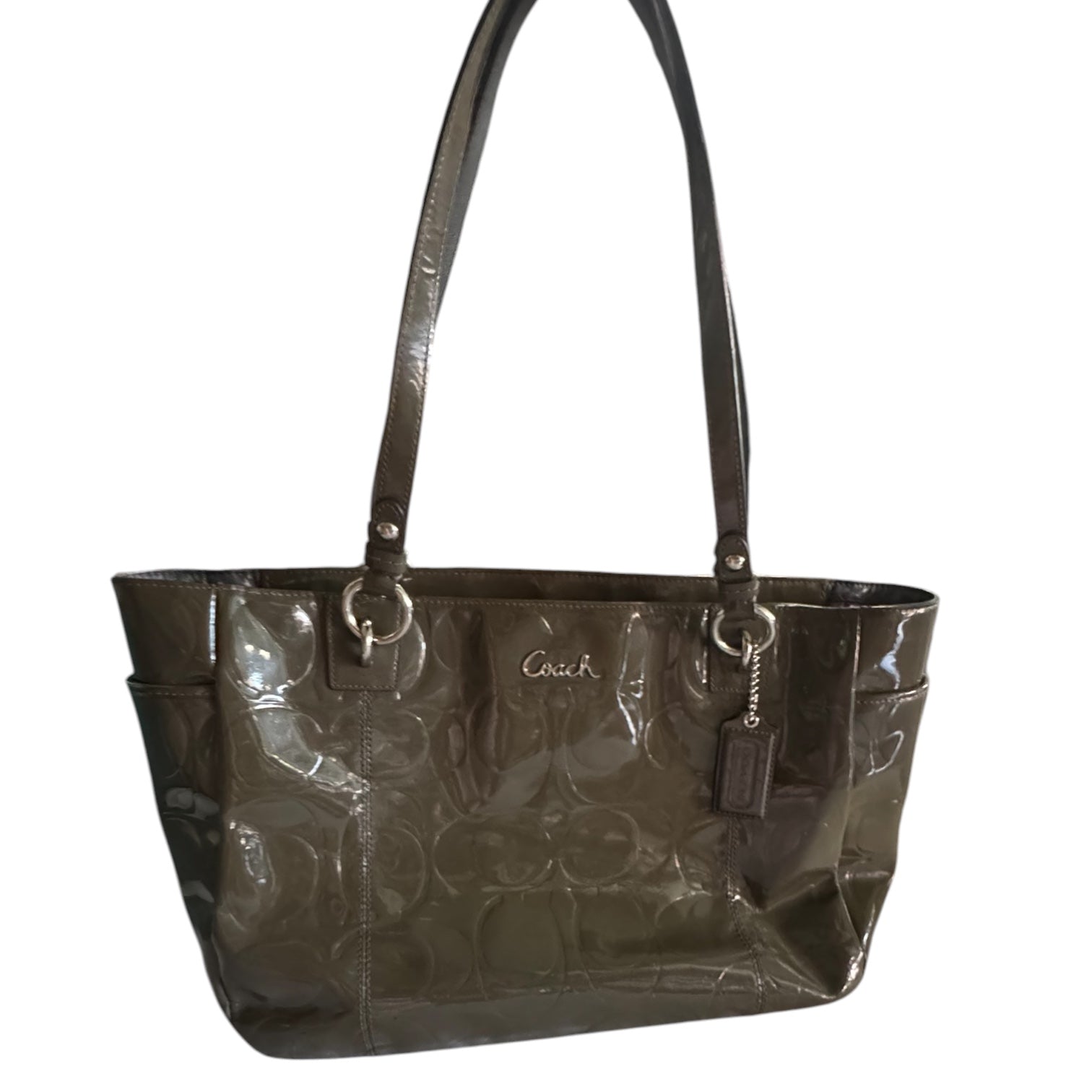 Authentic Coach Olive Green Signature Embossed Patent Leather East/West Tote Bag