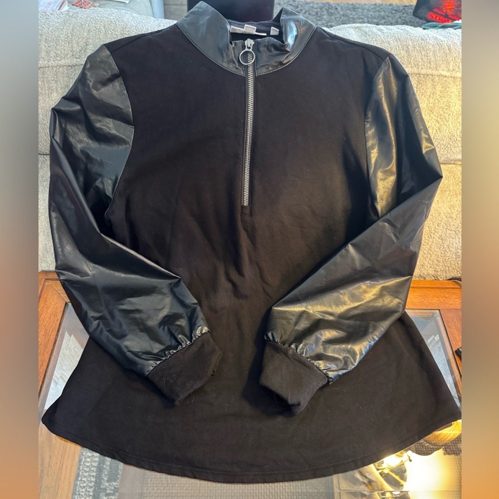Chico’s Black Mixed-Media Half-Zip Pullover