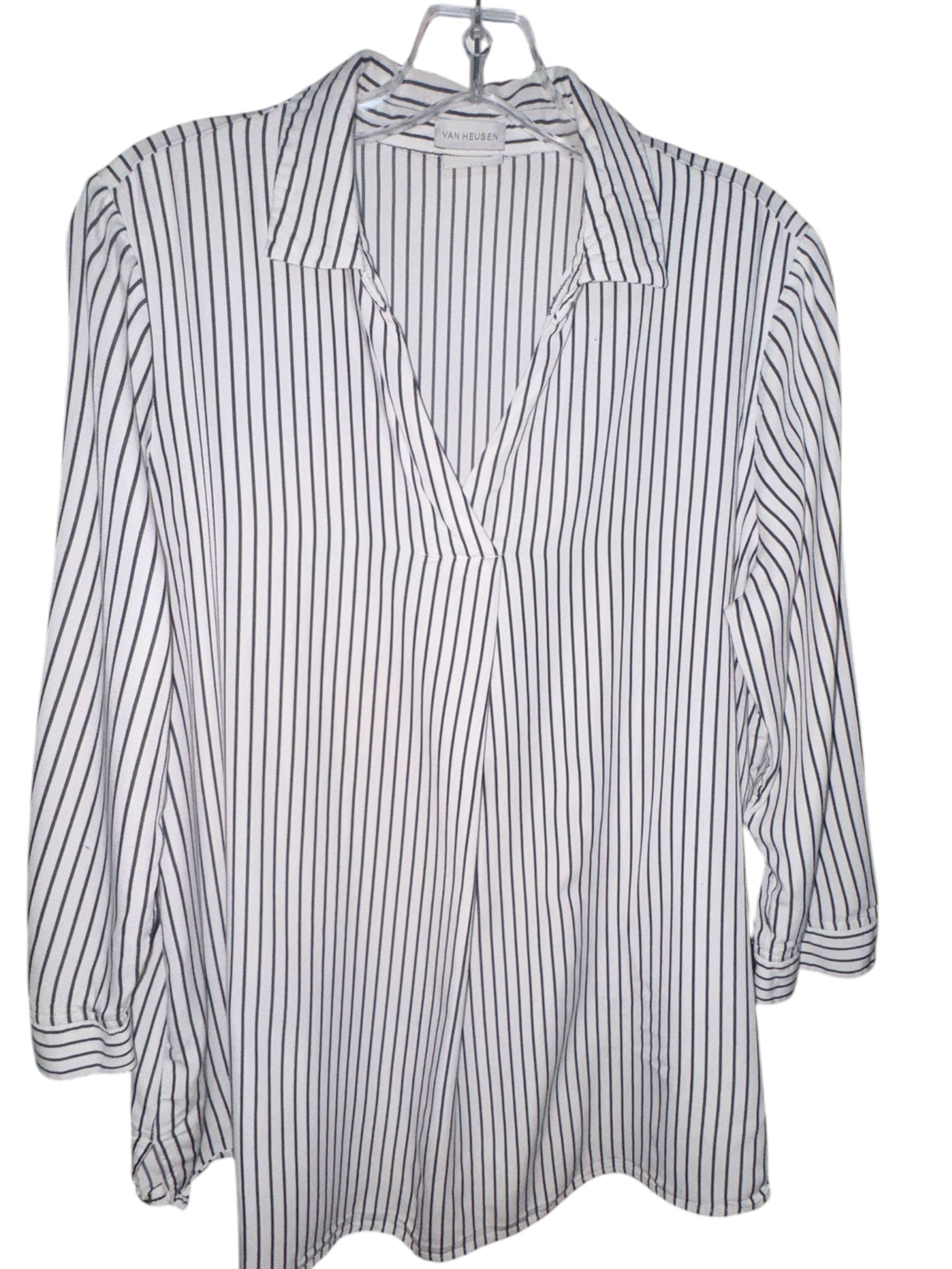 Van Heusen Black & White Pinstripe Split-Neck Blouse