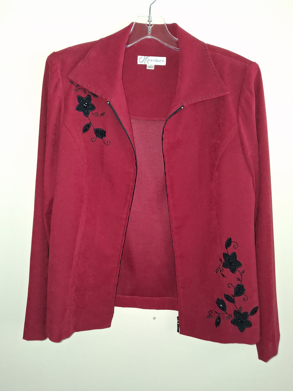 Dressbarn Red Floral Embellished Zip-Front Jacket