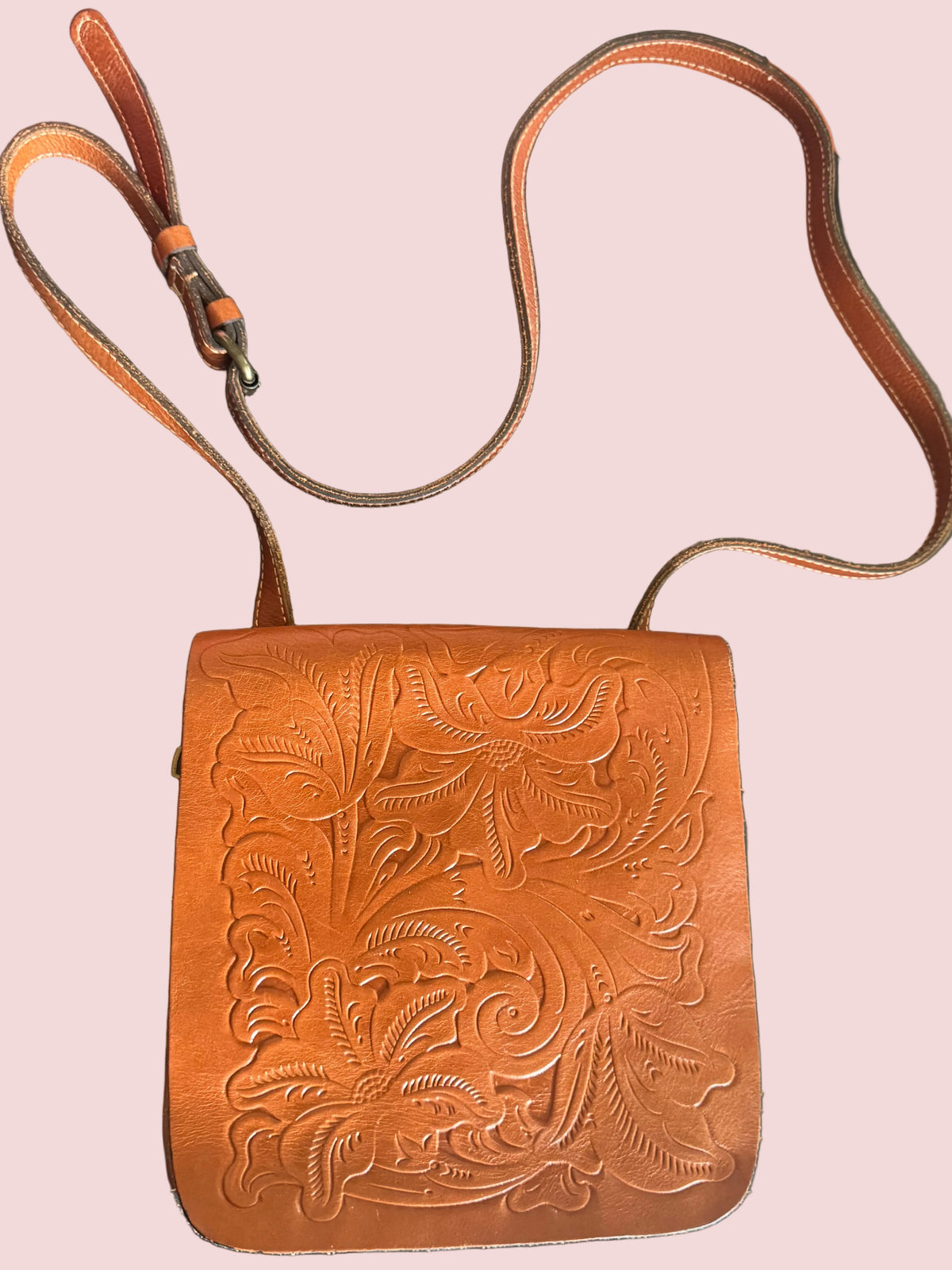 Patricia Nash Italian Leather Tooled Floral Crossbody Saddle Bag