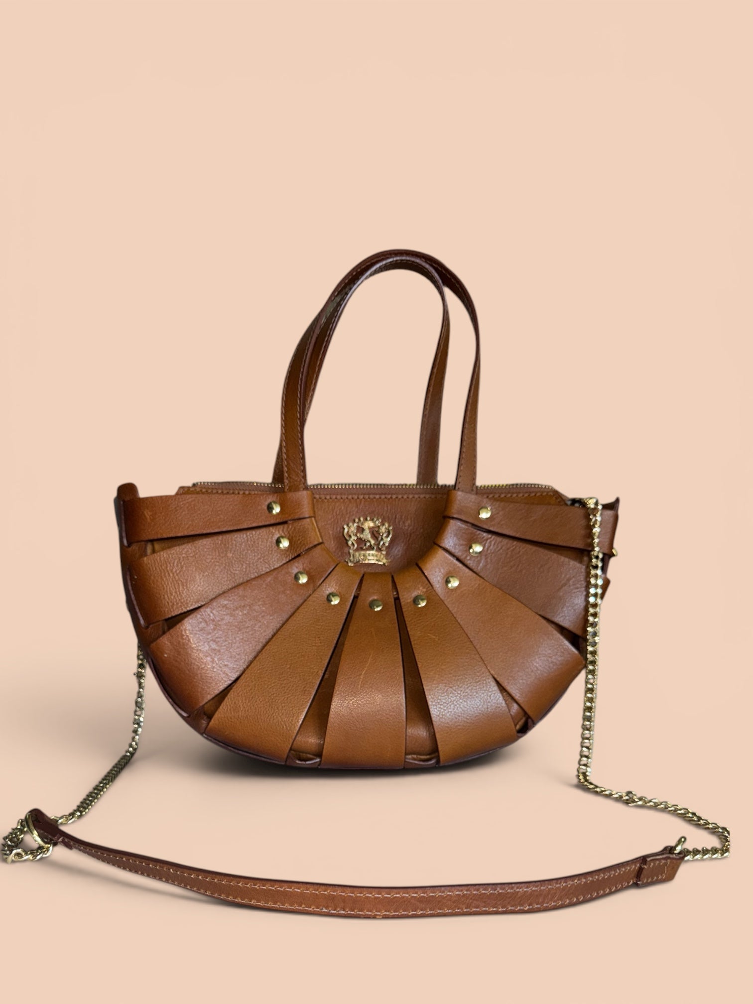 Pratesi Firenze Cognac Italian Leather Fan Flap Crossbody Satchel Bag Made in Italy