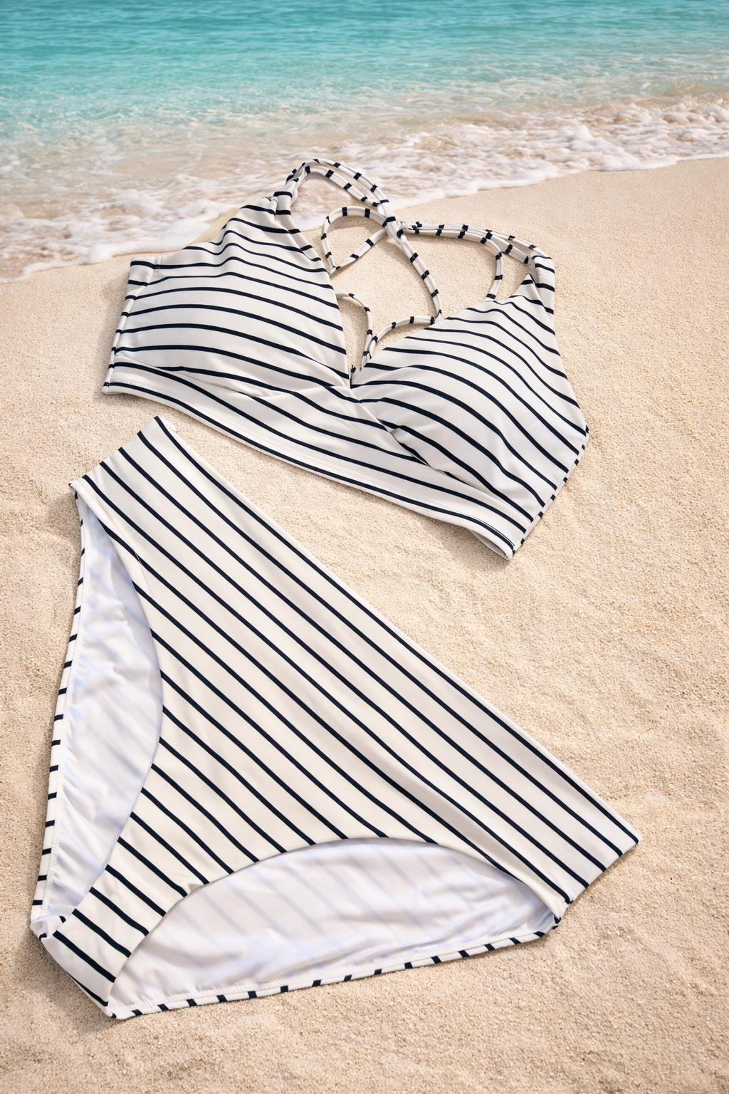 Calia Striped Bikini Set – Top L / Bottom XL – Black & White High-Waisted Swim Set
