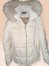 Donna Karan New York Ivory Puffer Jacket with Detachable Hood & Fur Trim