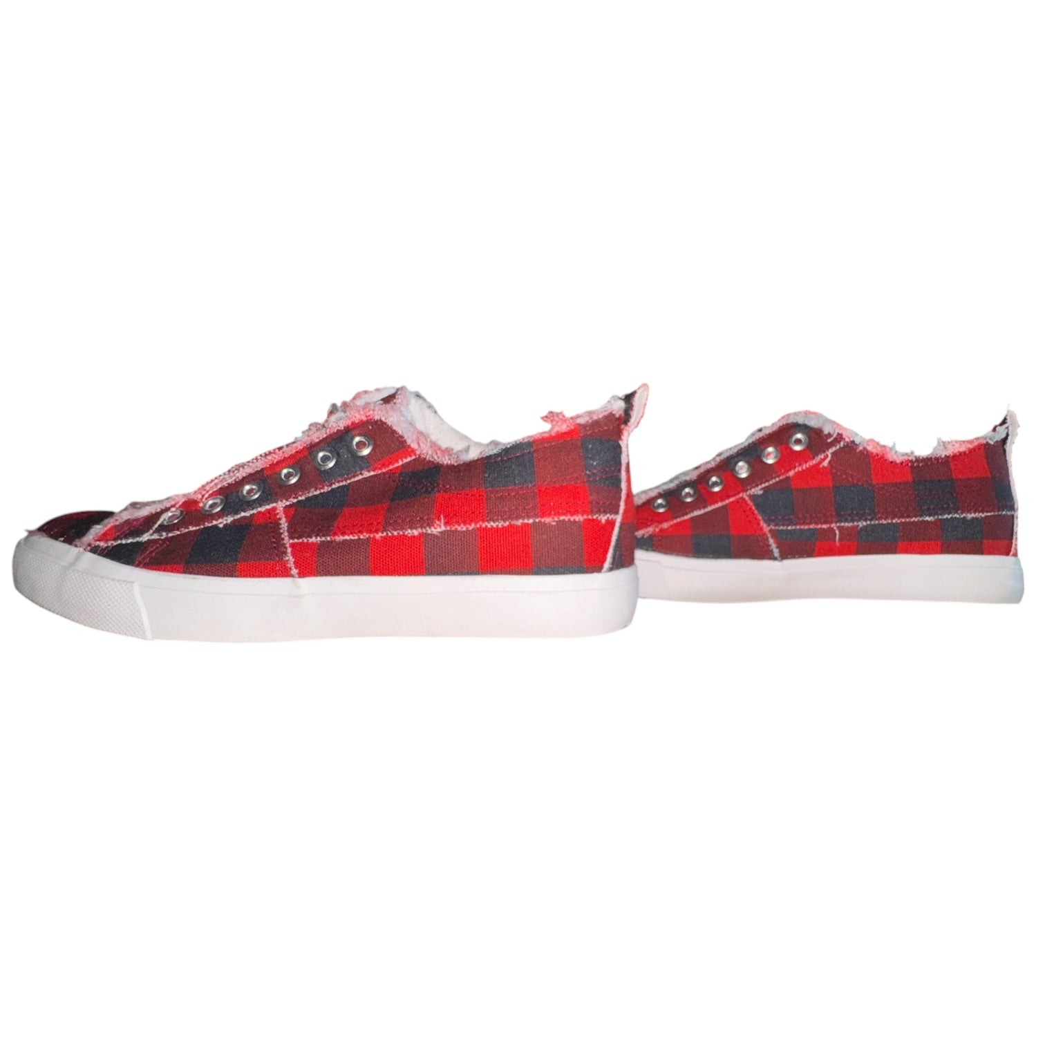 Girlie Girl Originals Red Buffalo Plaid Canvas Slip On Sneakers Distressed