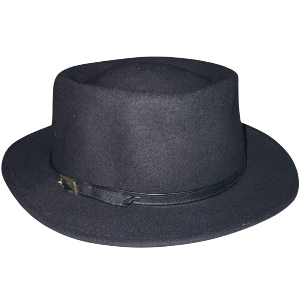 Black Wool Blend Pork Pie Hat with Buckle Band