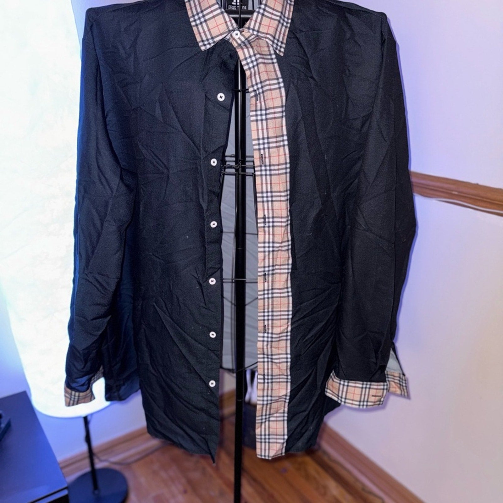 Men's Black Dress Shirt with Plaid Accents