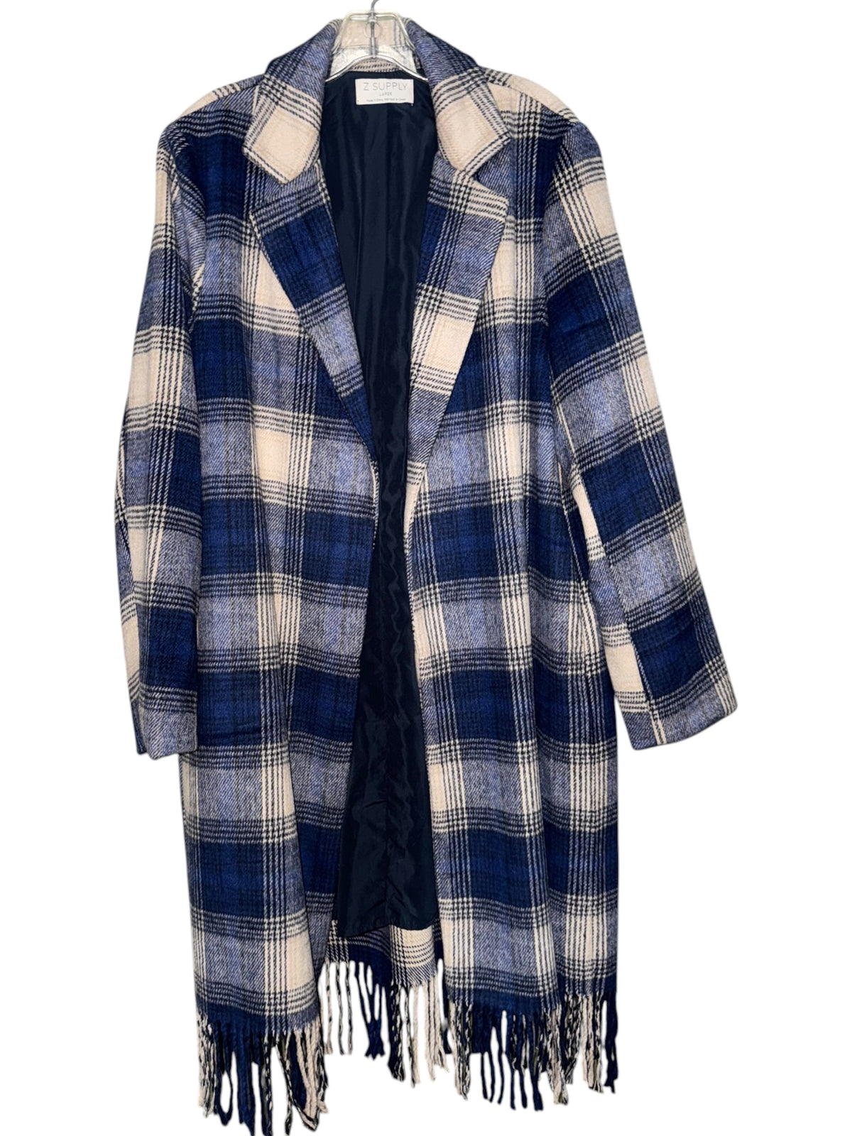 Z Supply Navy & Cream Plaid Fringe Coat