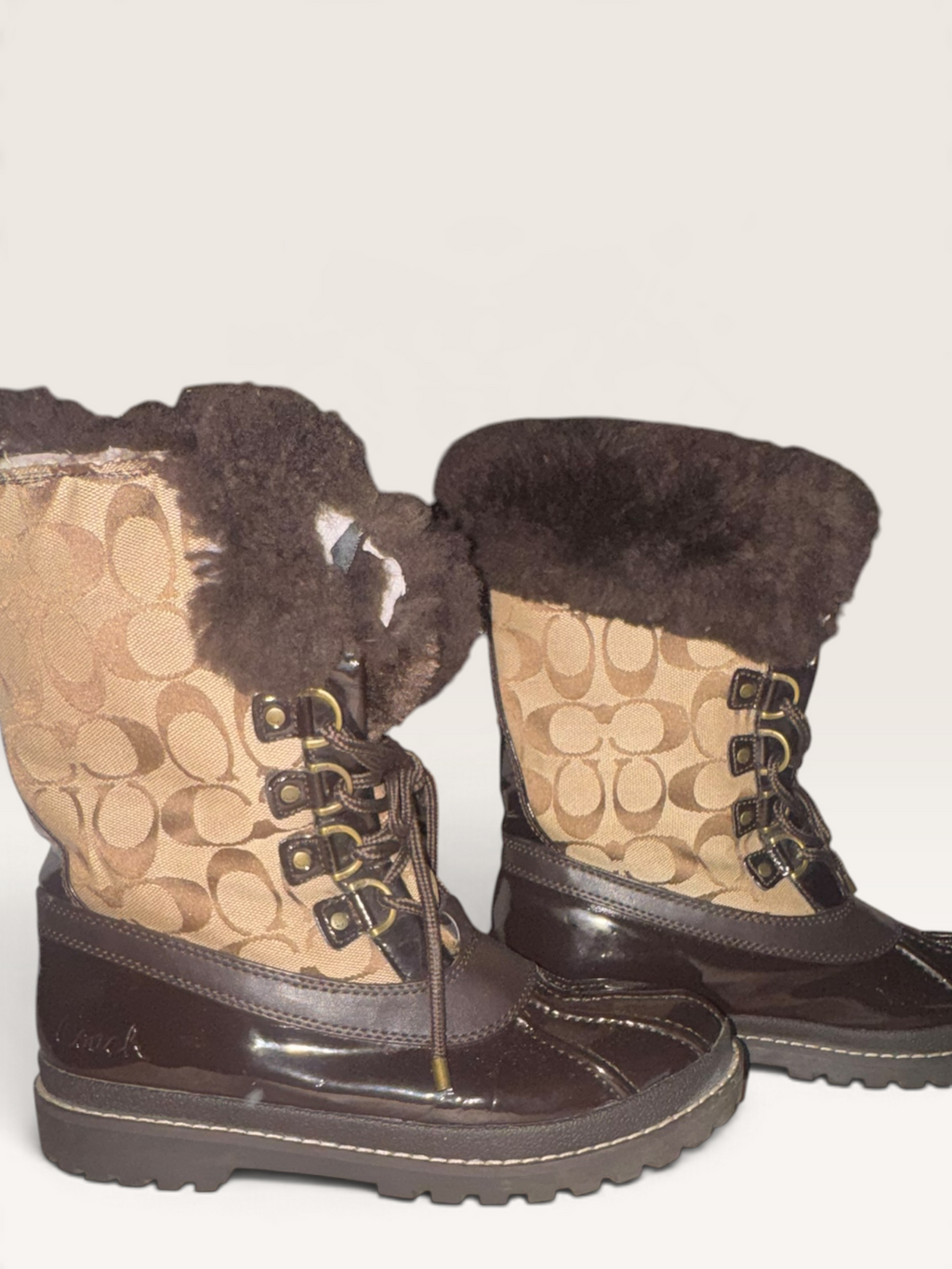 Coach Signature Fur-Trim Lace-Up Winter Boots