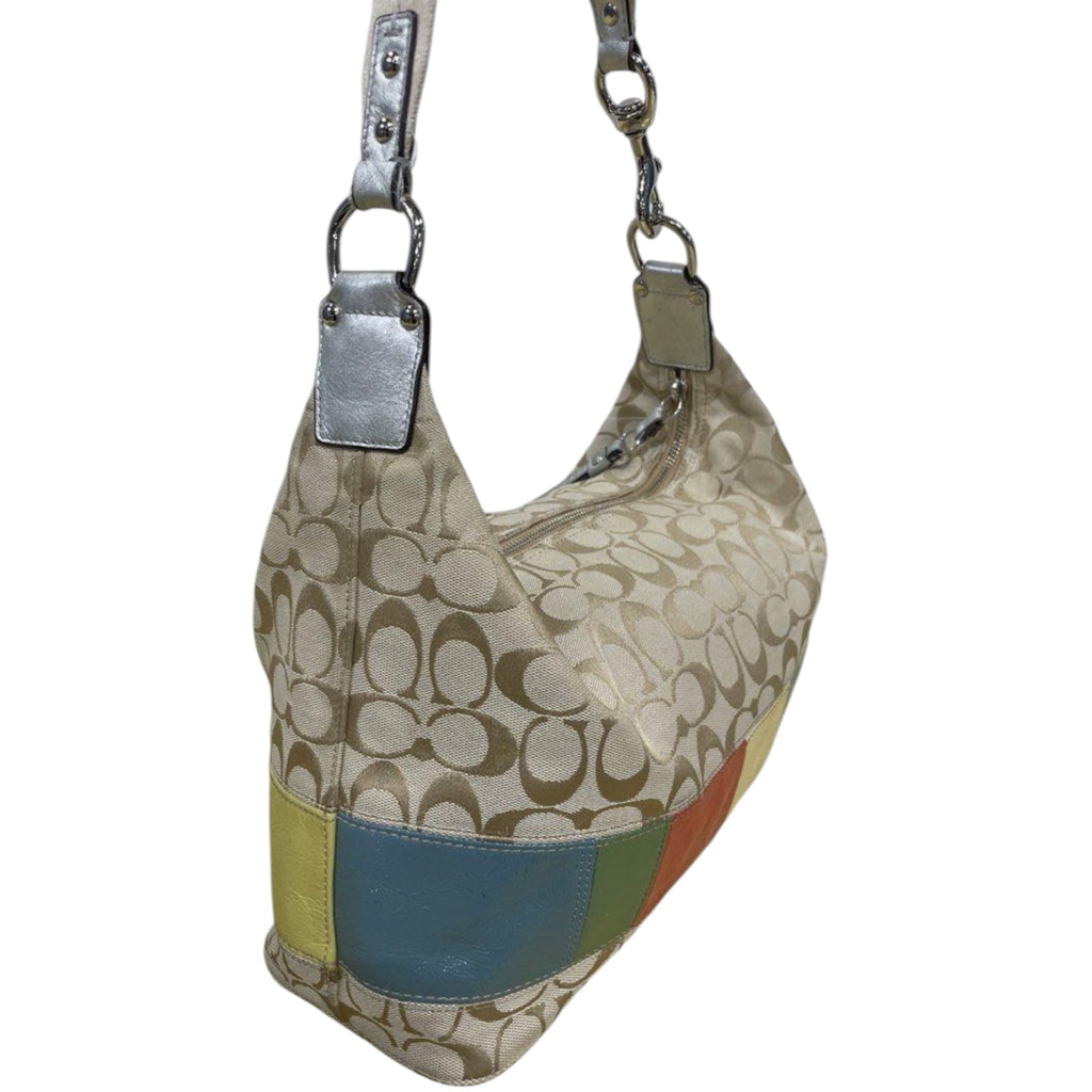 Authentic Coach Signature Patchwork Stripe Hobo Shoulder Bag F11576 Khaki Multi