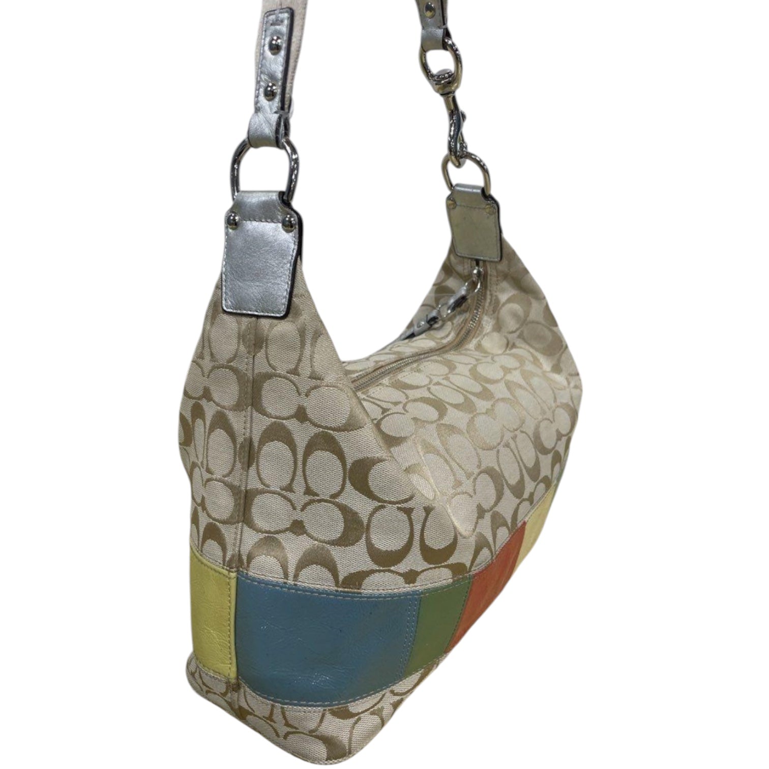 Authentic Coach Signature Patchwork Stripe Hobo Shoulder Bag F11576 Khaki Multi