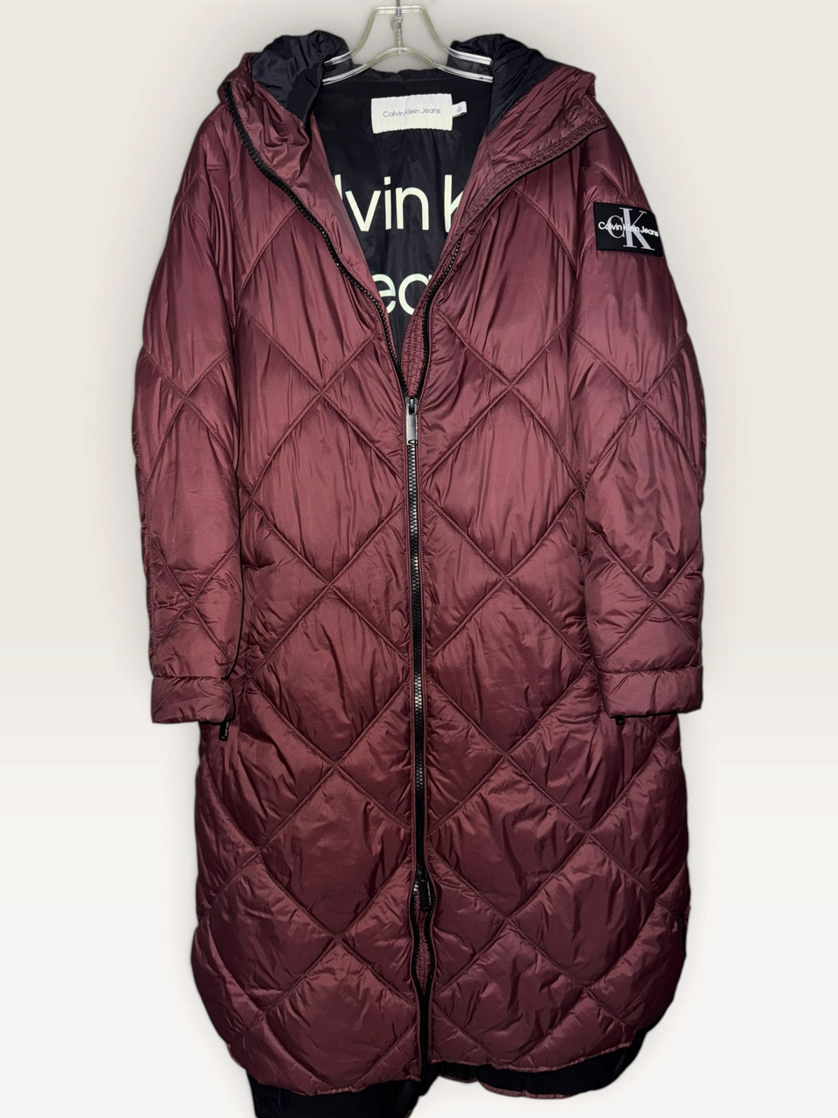 Calvin Klein Jeans Burgundy Hooded Quilted Long Coat