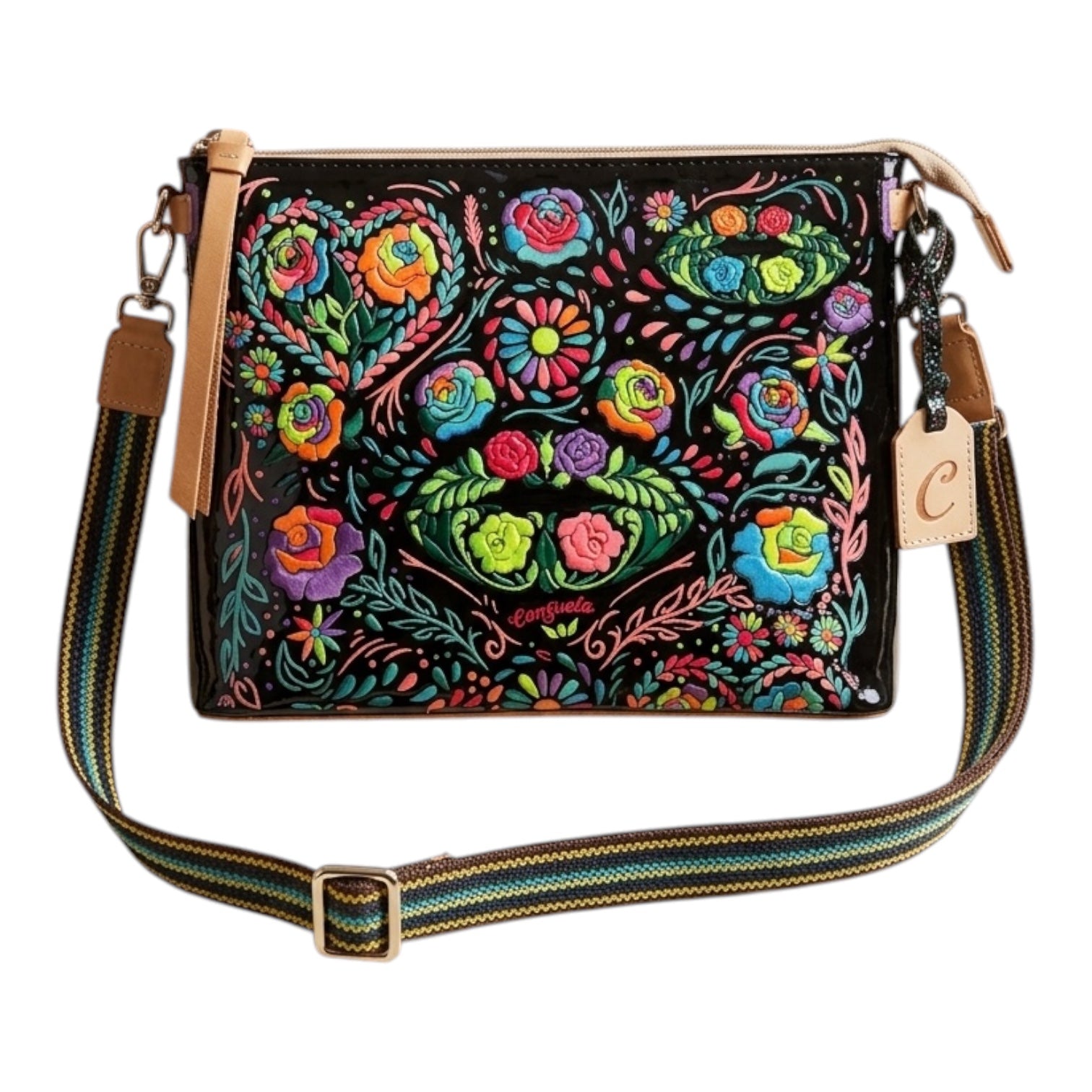 Consuela "Rita" Downtown Crossbody Bag – Black Patent & Neon Floral Embroidery